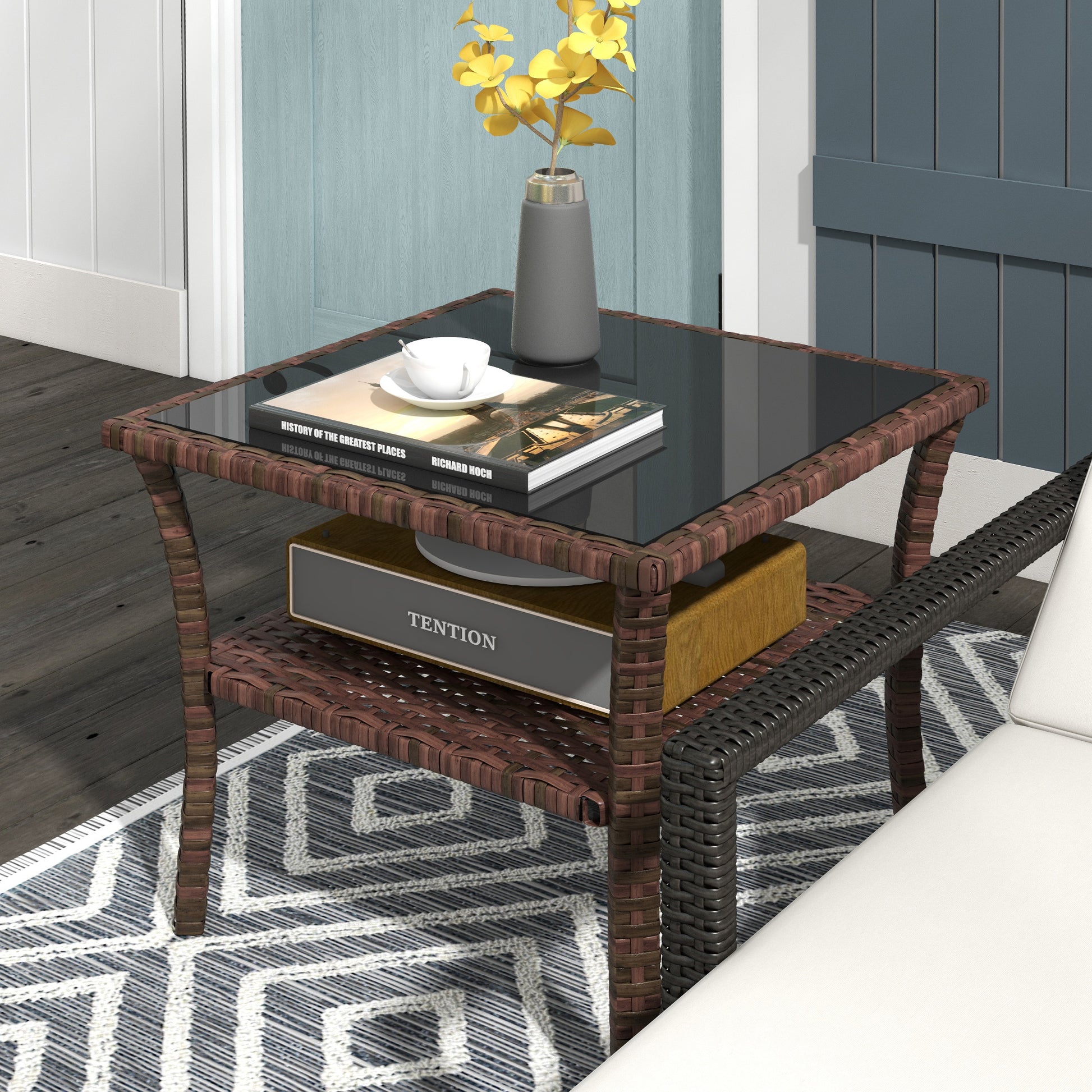 Two-tier PE Rattan Square Coffee Table - Brown