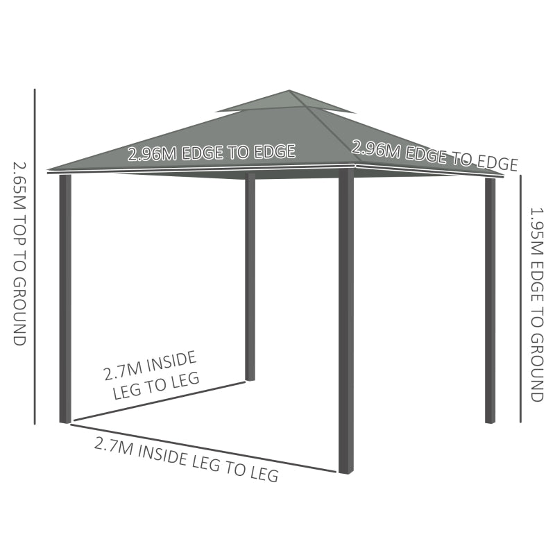 Grey 3x3m Garden Gazebo Pavilion with Aluminium Frame, Double – Tier Canopy, Curtains & Removable Insect Netting