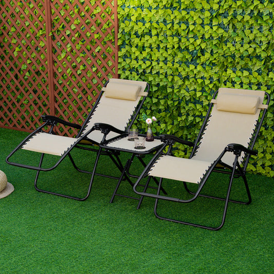 Folding Zero Gravity Chairs, 3 Pieces Adjustable Sun Lounger and Table Set with Cup Holder and Headrest, Patio Bistro Set with Reclining Garden