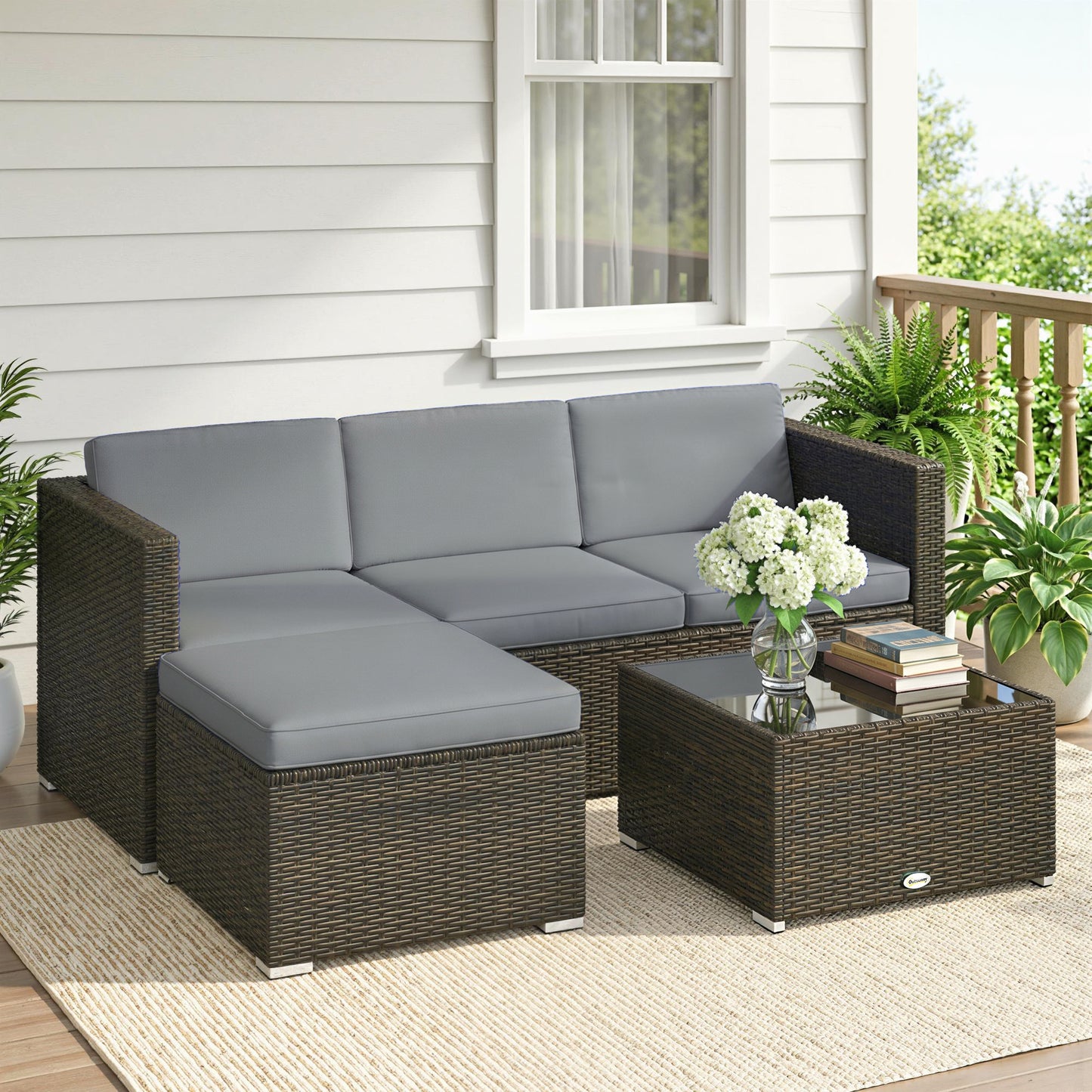 Santorini 3 Piece Garden Furniture Set w/ Cushions, PE Rattan Conversation Corner Sofa Set, Light Grey
