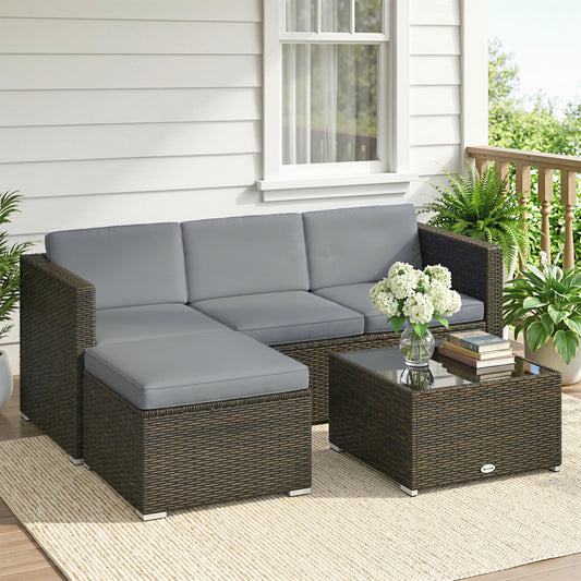 Santorini 3 Piece Garden Furniture Set w/ Cushions, PE Rattan Conversation Corner Sofa Set, Light Grey