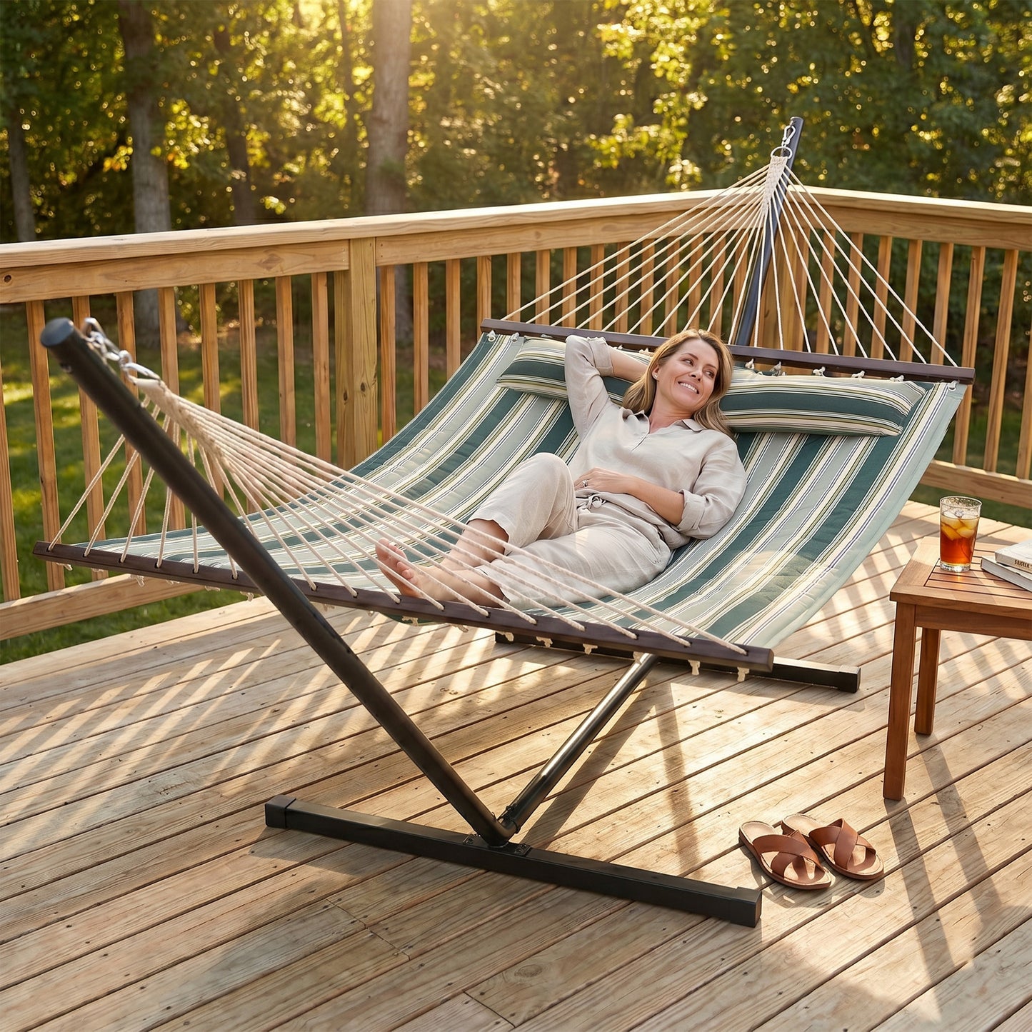 Portofino Outdoor Hammock with Stand Detachable Pillow Striped Swing Steel Frame, for Garden, Patio, Green