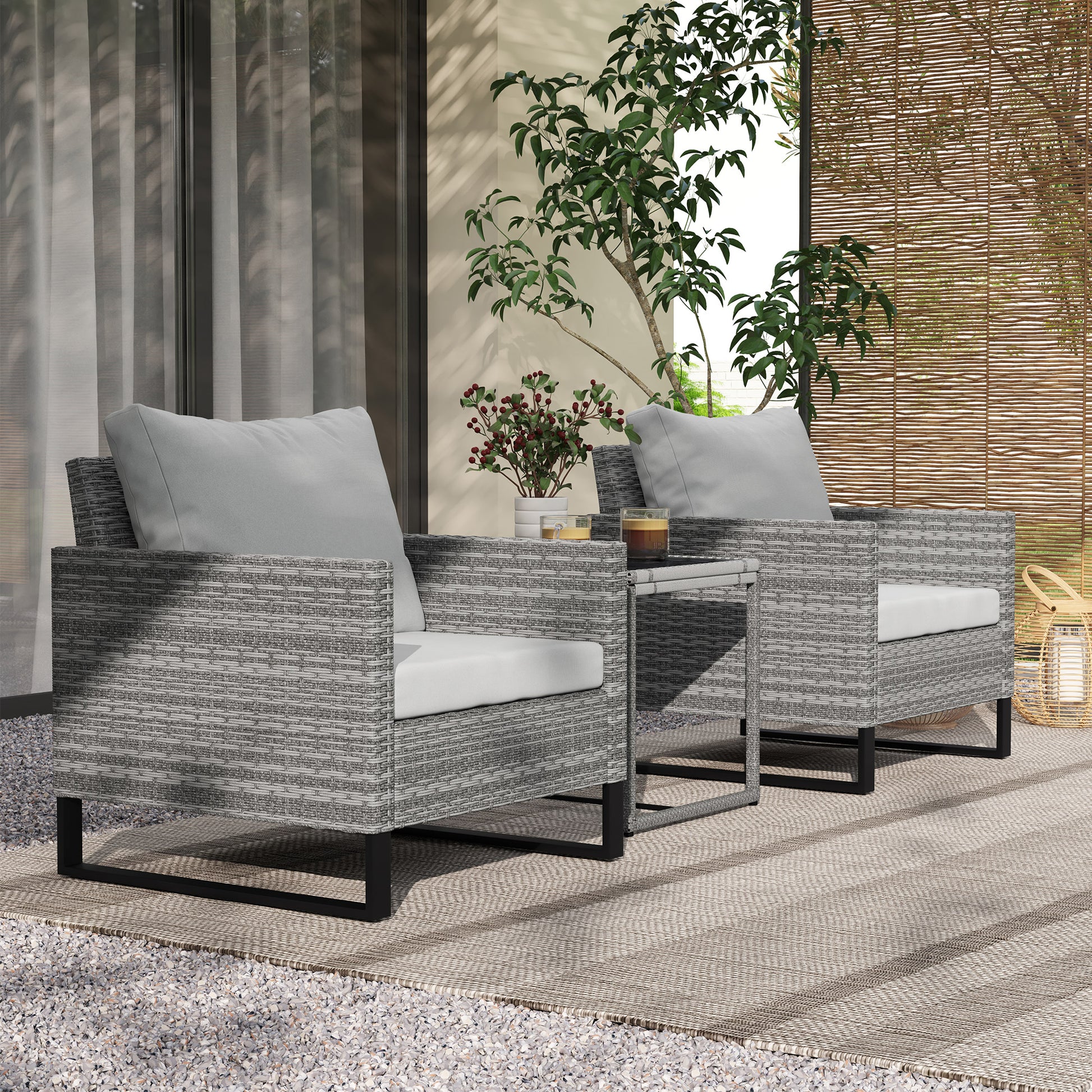 Riviera 3 Piece Rattan Bistro Set with 4 Cushions, Wicker Garden Furniture Set