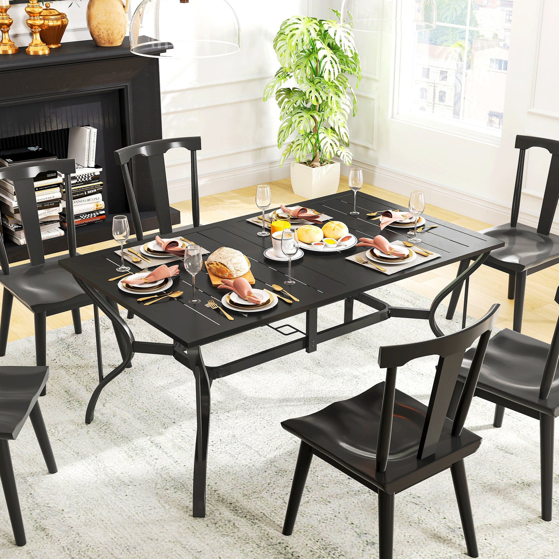 Outsunny Garden Dining Table with Parasol Hole, Patio Table with Steel Frame and Slat Tabletop, Black