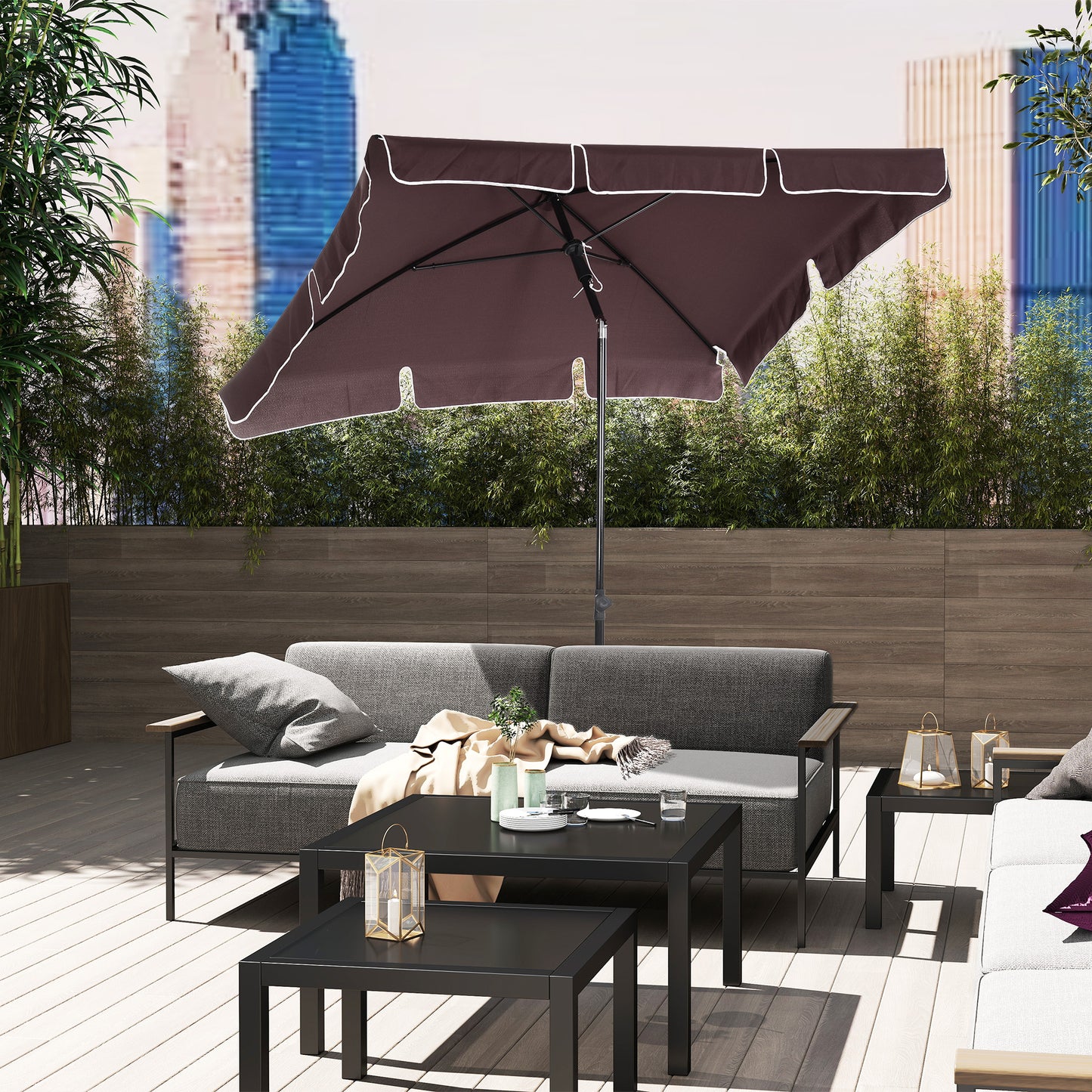 Garden Parasol Umbrella, Outdoor Market Table Umbrella with Ruffles & Aluminium Pole, Rectangular Tilting Parasol Sun Shade Canopy, 2 x 1.3m,