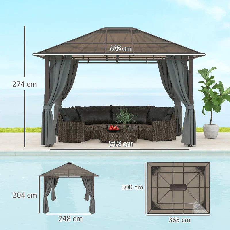 Dark Grey 3m x 3.6m Hardtop Gazebo – Polycarbonate Roof Garden Pavilion with Removable Privacy Curtains