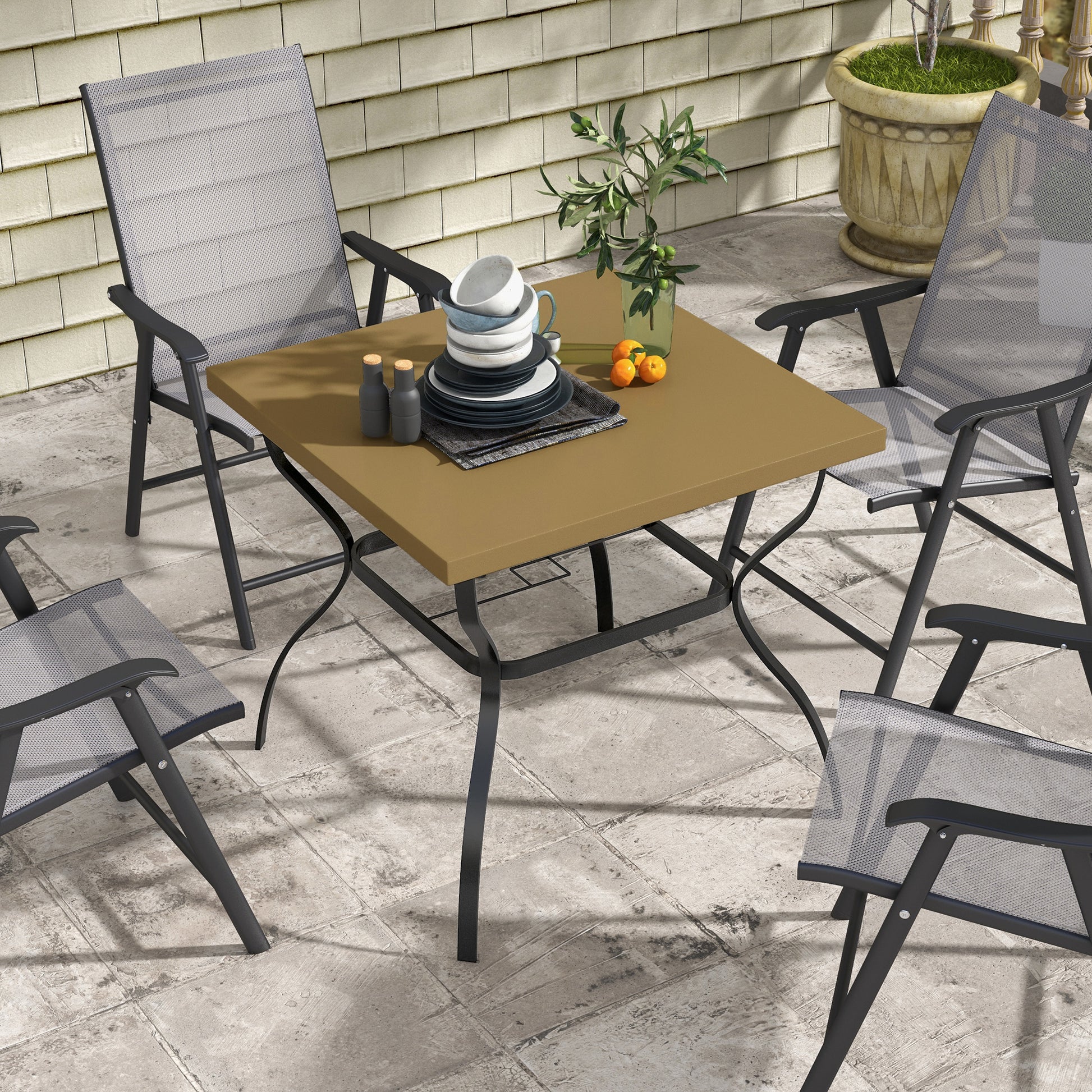 Capri Four-Seater Steel Garden Table, with Parasol Hole - Brown/Black