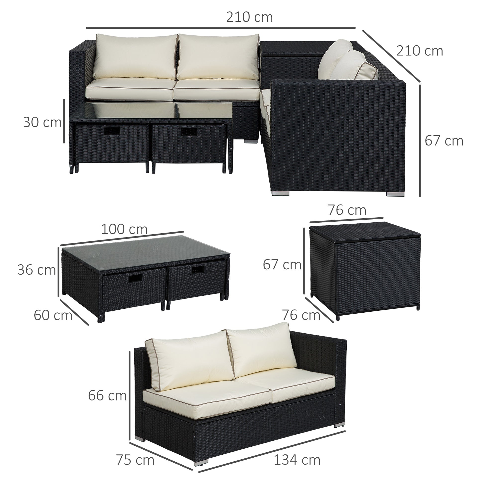 Outsunny 4 Seater Rattan Garden Furniture Set with Storage Box, 2 Drawers Coffee Table, Black