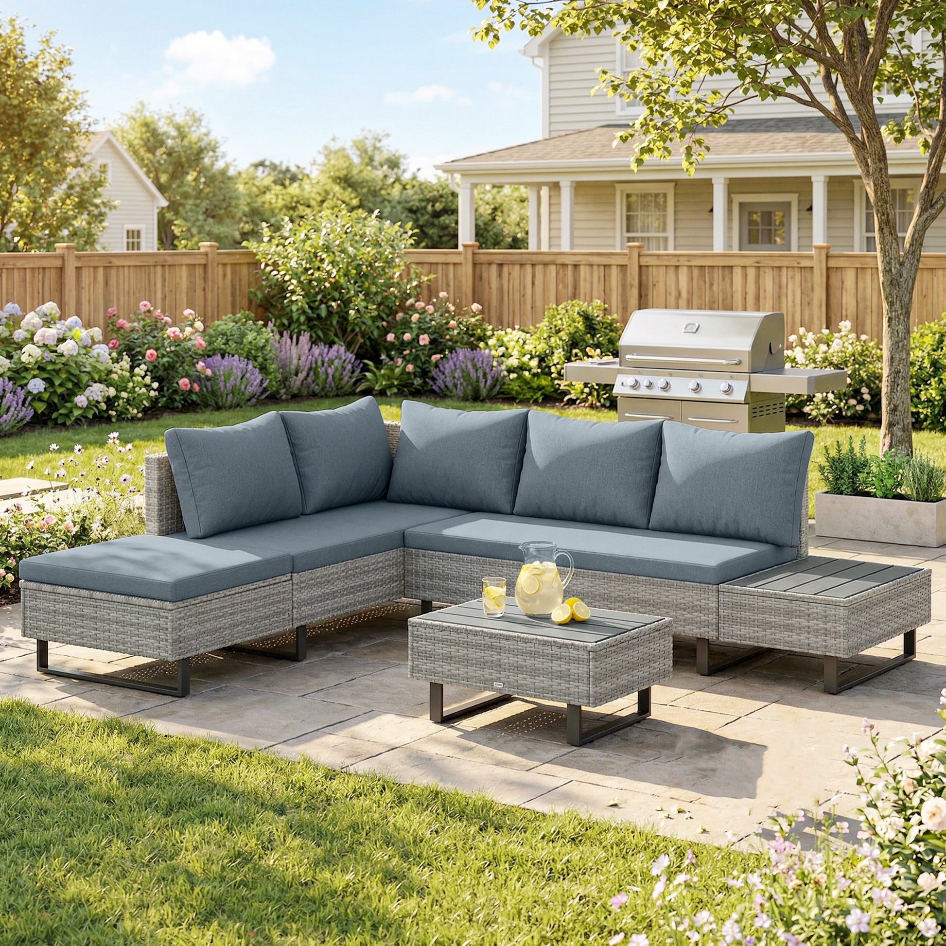 Monaco 5 Seater Rattan Garden Furniture Set, L Shaped Garden Corner Sofa, Adjustable Back, Faux Wood Tables, Grey
