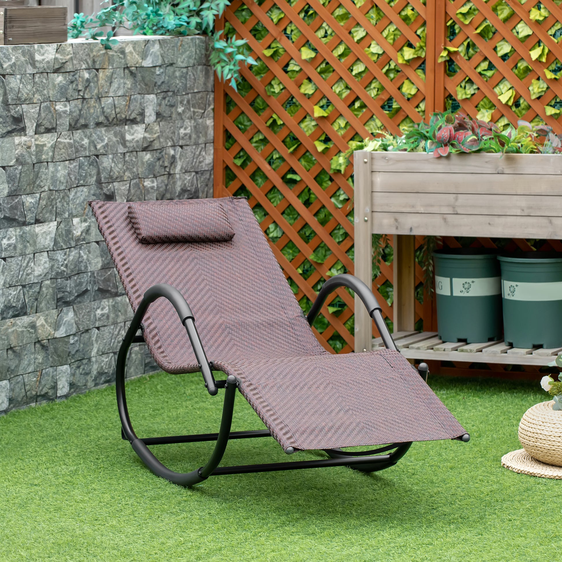 Zero Gravity Rocking Lounge Chair Rattan Effect Patio Rocking Chair w/ Removable Pillow Recliner Seat Breathable Texteline - Brown