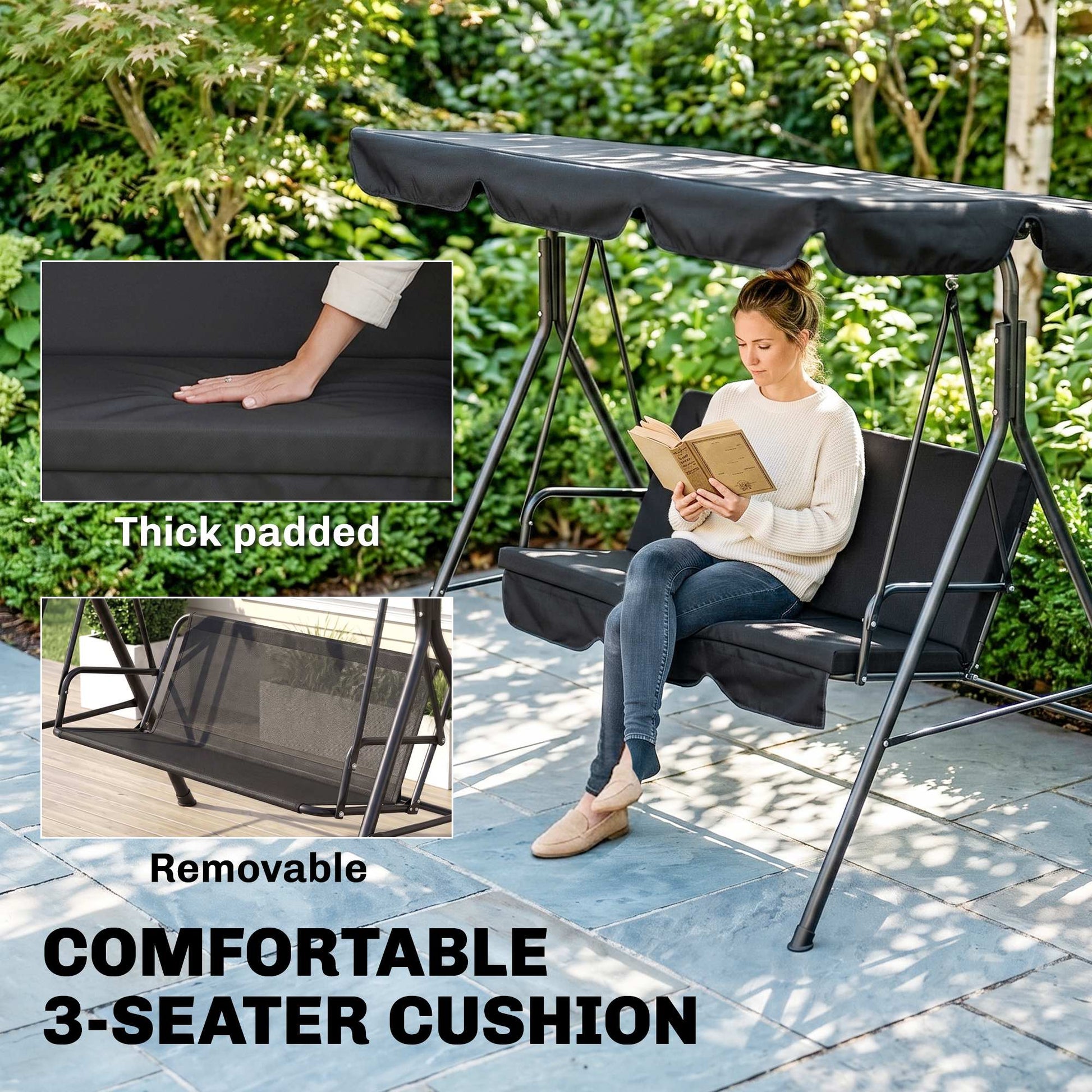 Outsunny Three-Seater Garden Swing Chair, with Adjustable Canopy - Black