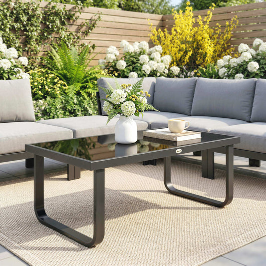 Amalfi Garden Coffee Table, Rectangle Metal Side Table with Tempered Glass Tabletop, Adjustable Foot Pads