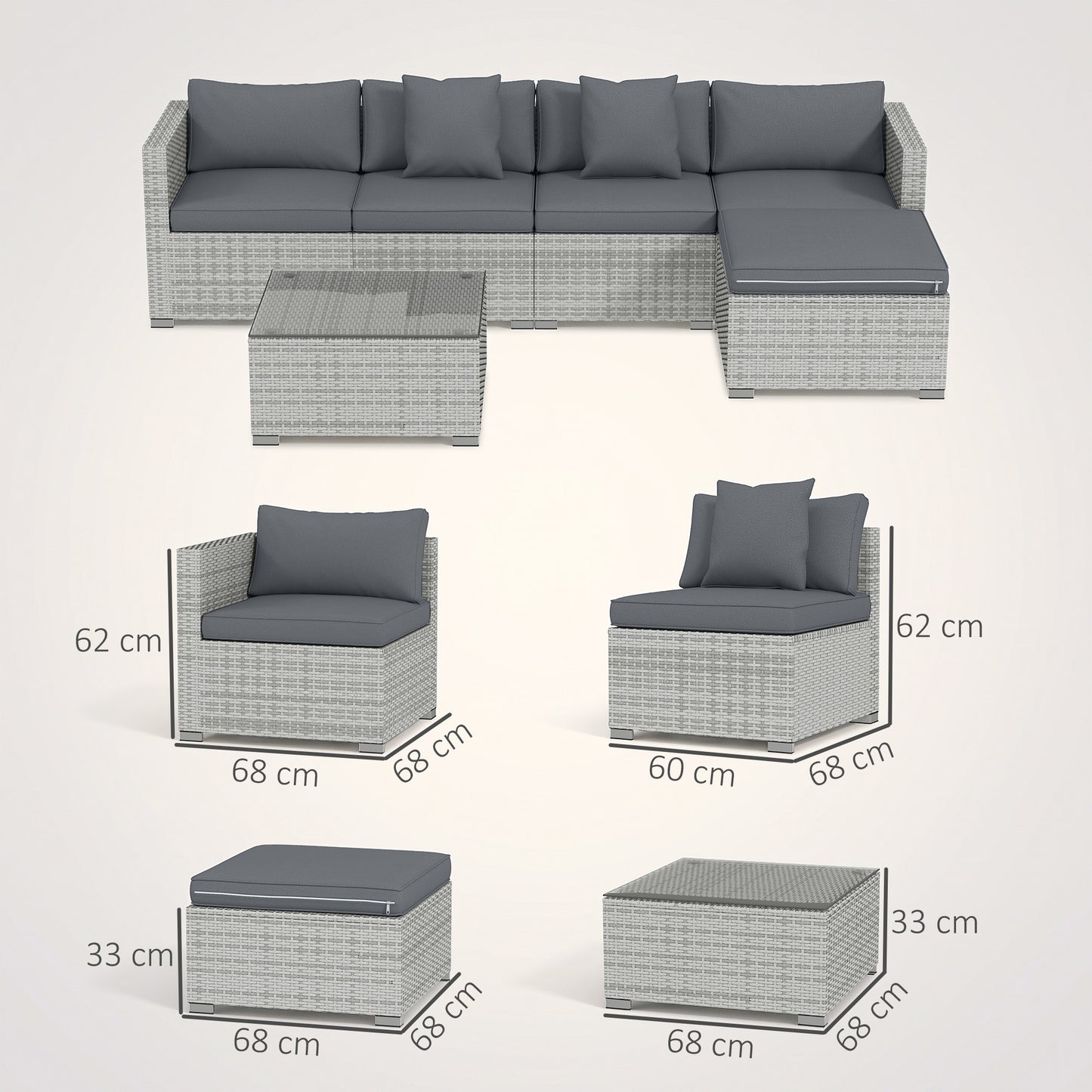 Outsunny 6 Pieces Rattan Corner Sofa Set - Mixed Grey