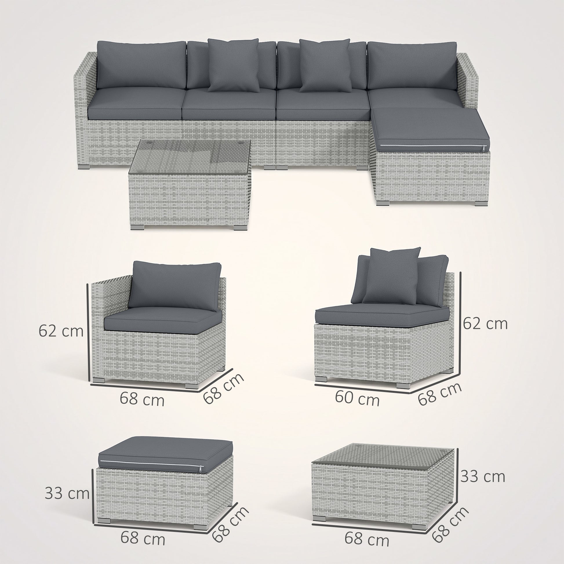 Outsunny 6 Pieces Rattan Corner Sofa Set - Mixed Grey