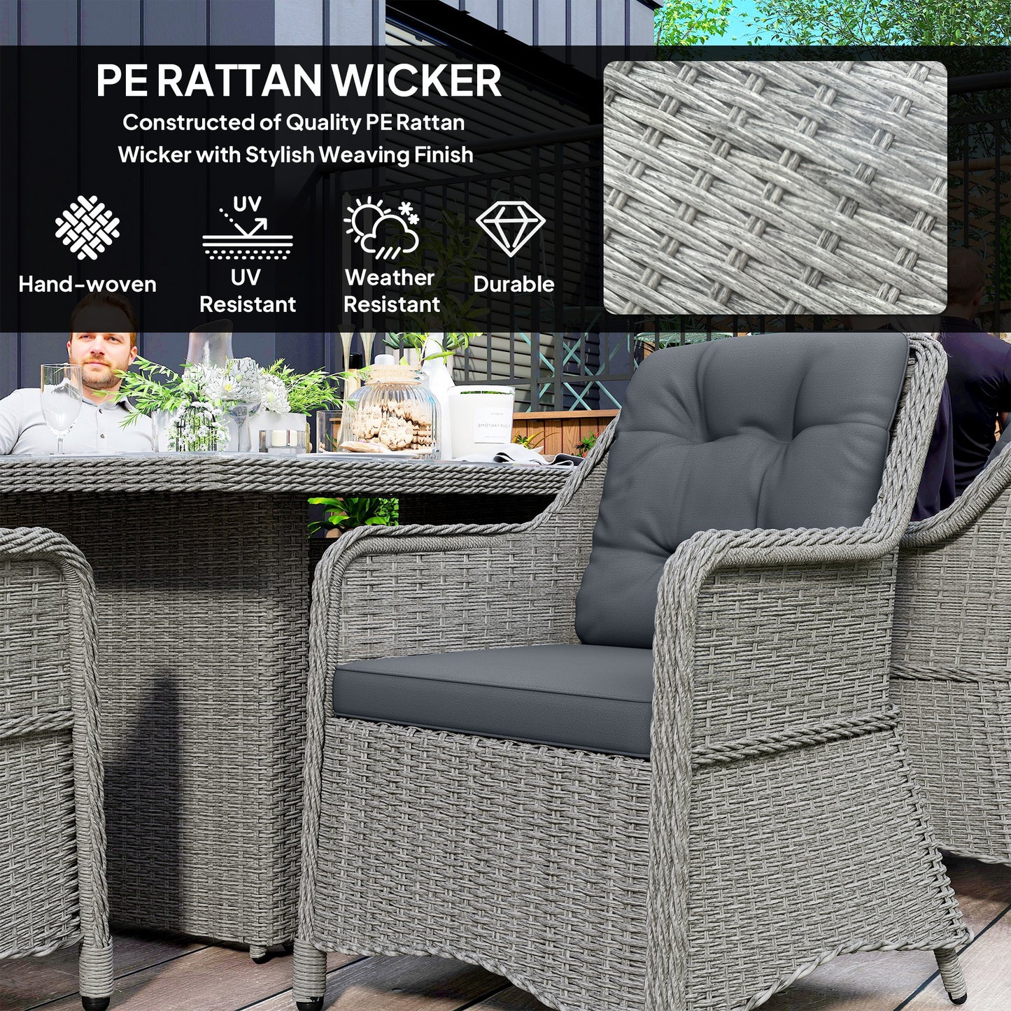 Outsunny 6 Seater Rattan Garden Dining Set with Cushions, Aluminium Outdoor Patio Furniture Set for Garden Gatherings & Outdoor Dining, Mixed Grey
