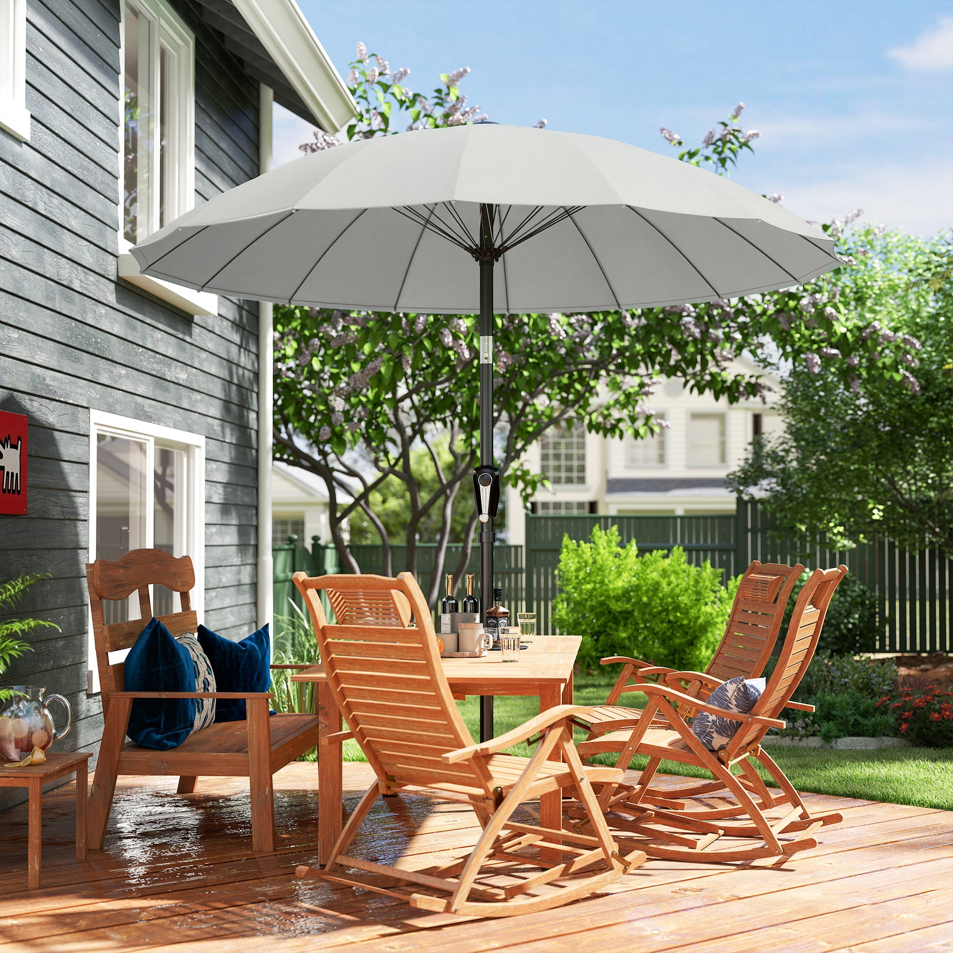 Outsunny 2 m Shanghai Garden Parasol Umbrella with 16 Fibreglass Ribs, Outdoor Parasol Sun Shade with Crank & Tilt, Light Grey