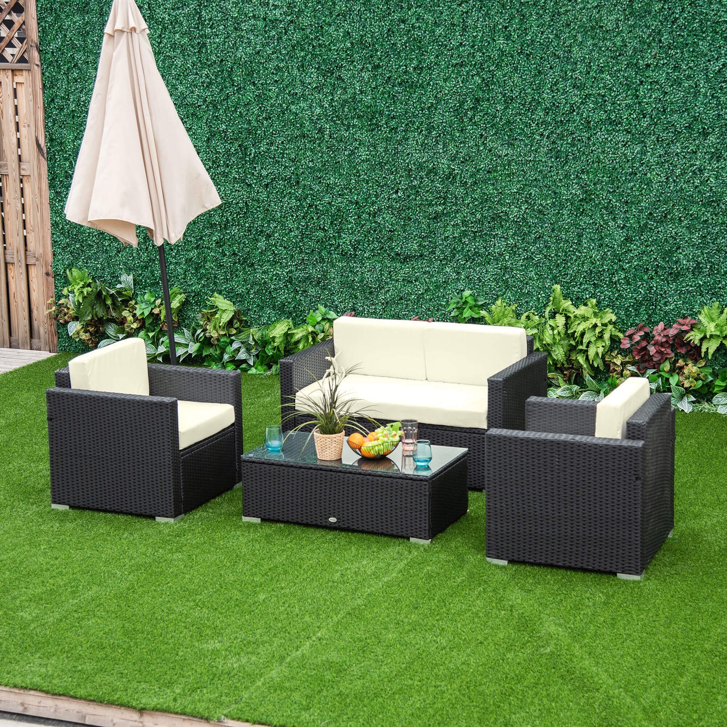 Marbella 4-Seater Rattan Sofa Set Garden Rattan Furniture Wicker Steel Chair Seat Furniture, Black