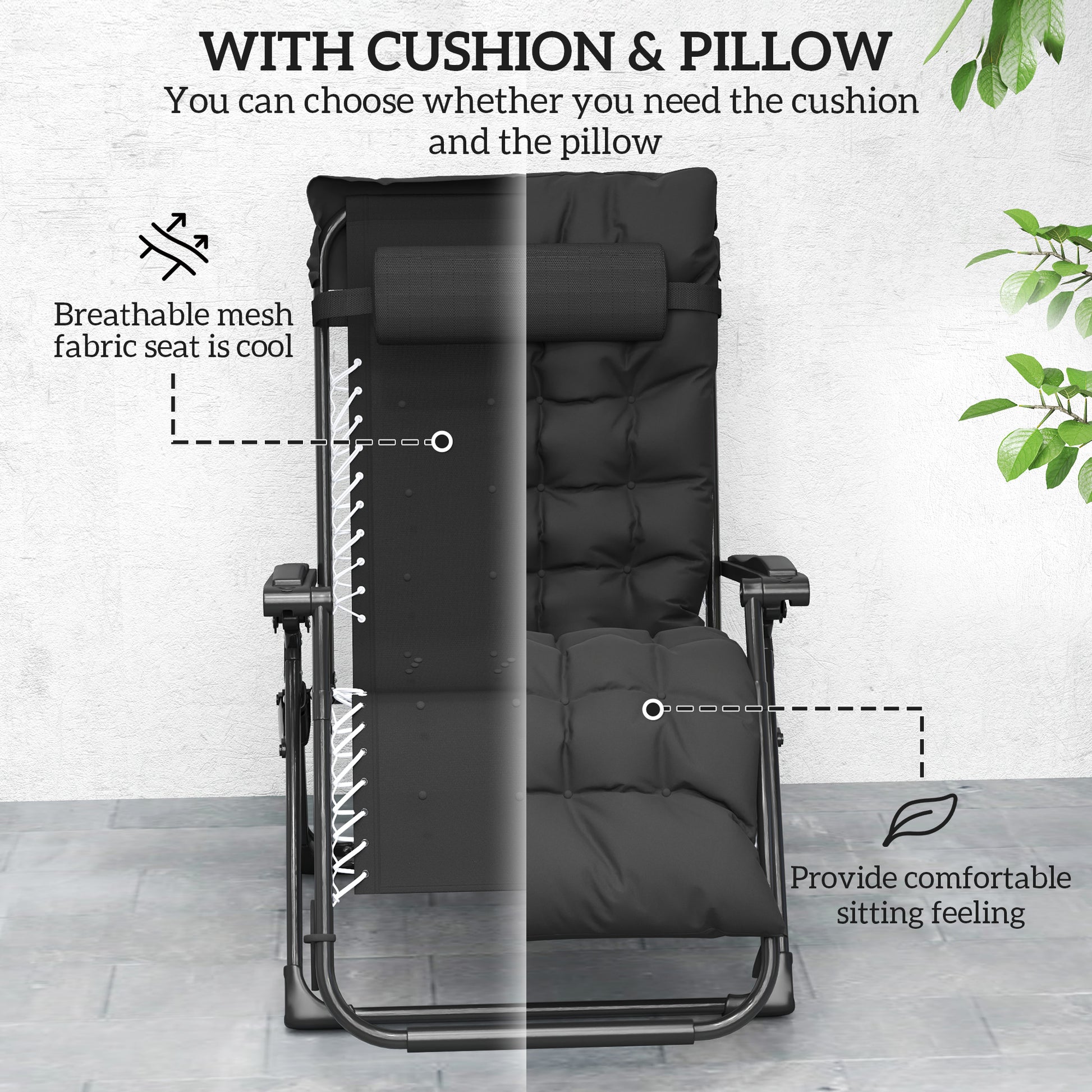 Outsunny 2 Piece Reclining Zero Gravity Sun Loungers with Cushions, Black