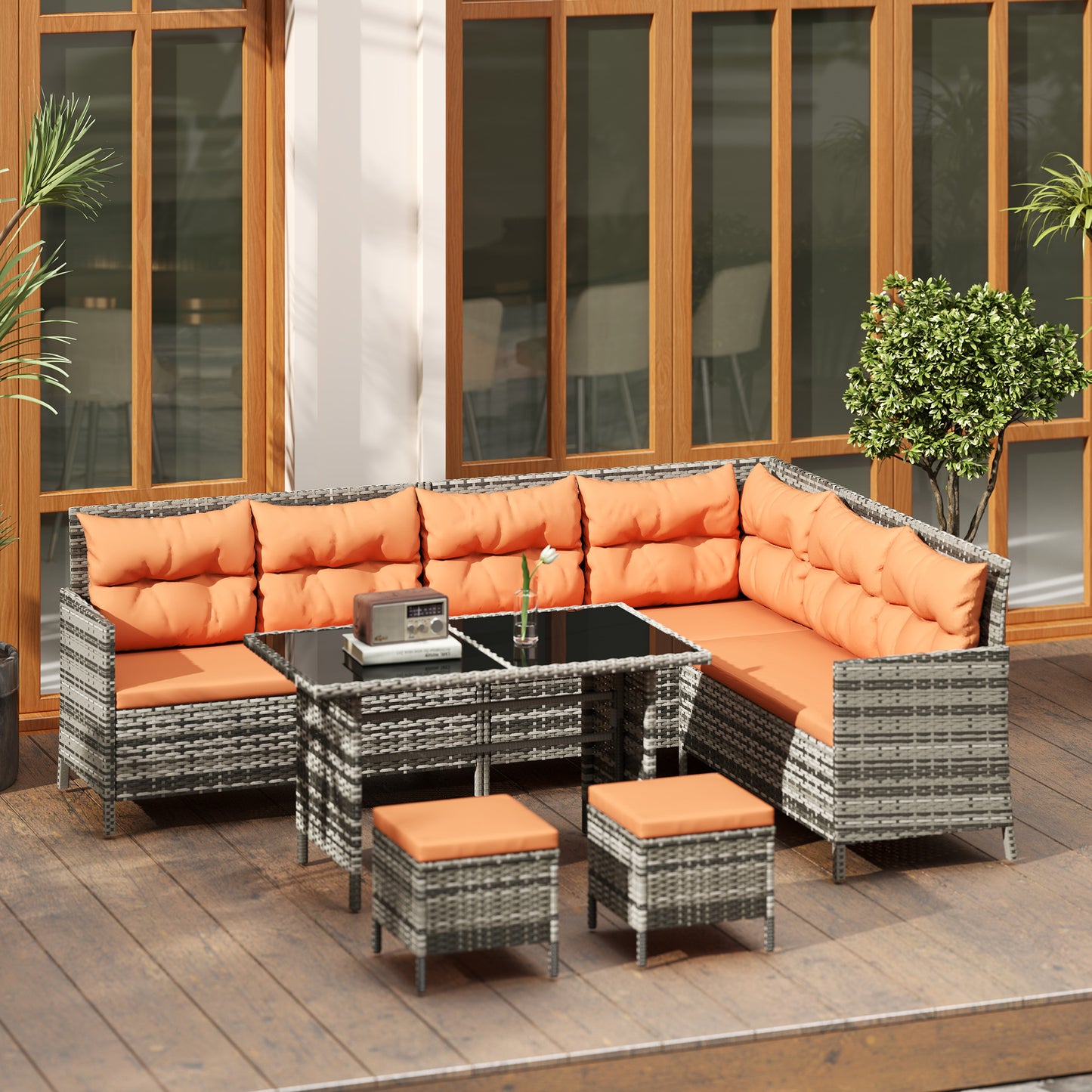 Tivoli 7-Seater Patio wicker Sofa Set Rattan Chair Furniture w/ Glass & Cushioned, Orange