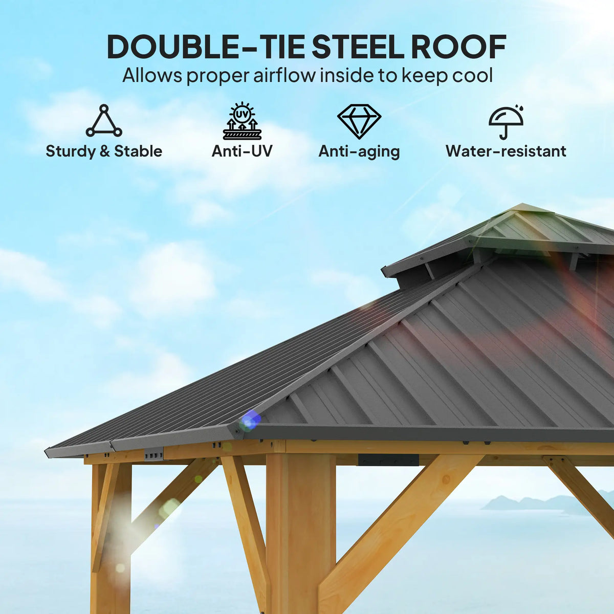 3m x 3m Wooden Frame Hardtop Gazebo with 2 – Tier Galvanised Steel Roof, Aluminium Posts & Grey Outdoor Patio Canopy Shelter