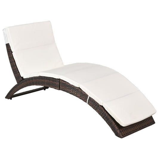 Outsunny Folding Sun Lounger, PE Rattan Garden Lounger Chair with Soft Padded Cushion, Ergonomic Curved Design Sun Bed for Balcony, Garden, Brown