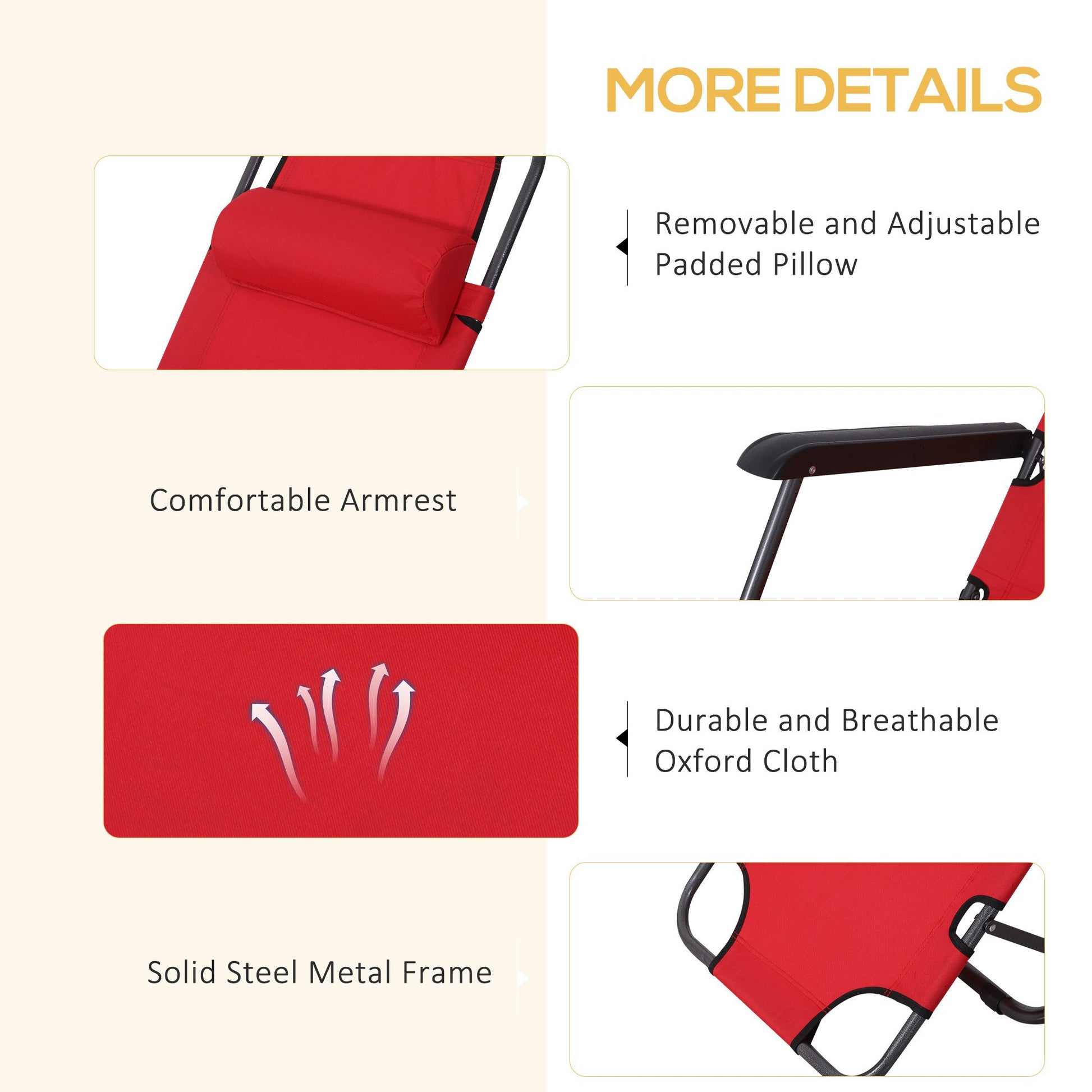 Outsunny 2 in 1 Folding Sun Lounger Reclining Garden Chair Set of 2 with 2-Level Adjustable Backrest, Outdoor Zero Gravity Recliner Garden Chairs with Head Pillow and Armrests, Red