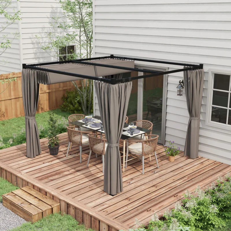 Light Grey 3m x 3m Retractable Roof Pergola Canopy – Outdoor Patio Shelter with Curtains, Metal Frame & Secure Fixing Kit