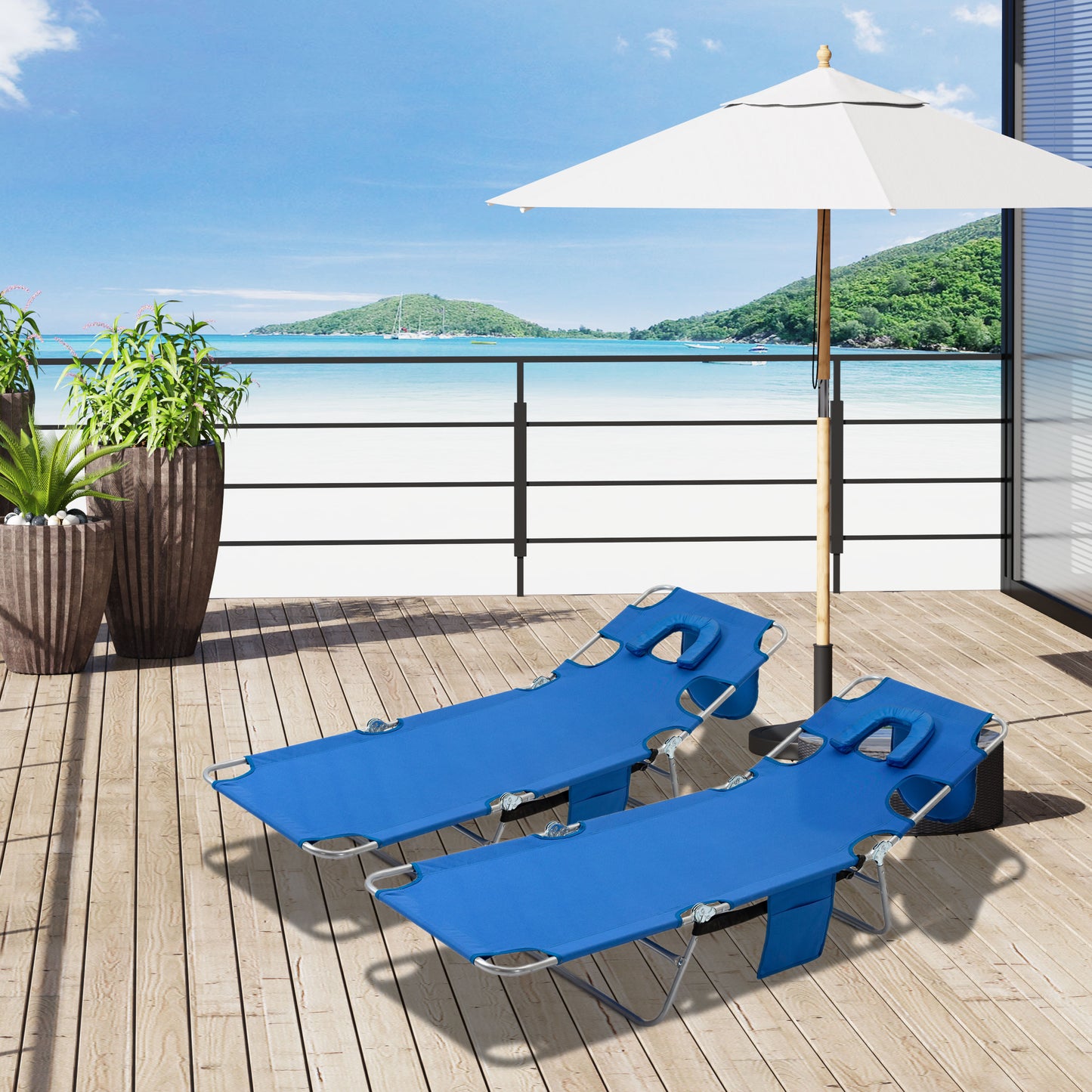 2 Pieces Foldable Sun Lounger with Reading Hole, Portable Sun Lounger with 5 Level Adjustable Backrest, Reclining Lounge Chair with Side Pocket,