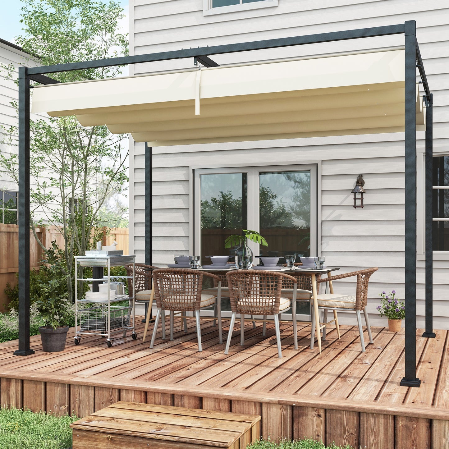 Mediterraneo 3x2m Metal Pergola with Retractable Roof, Garden Gazebo Canopy Shelter, Patio, Cream White
