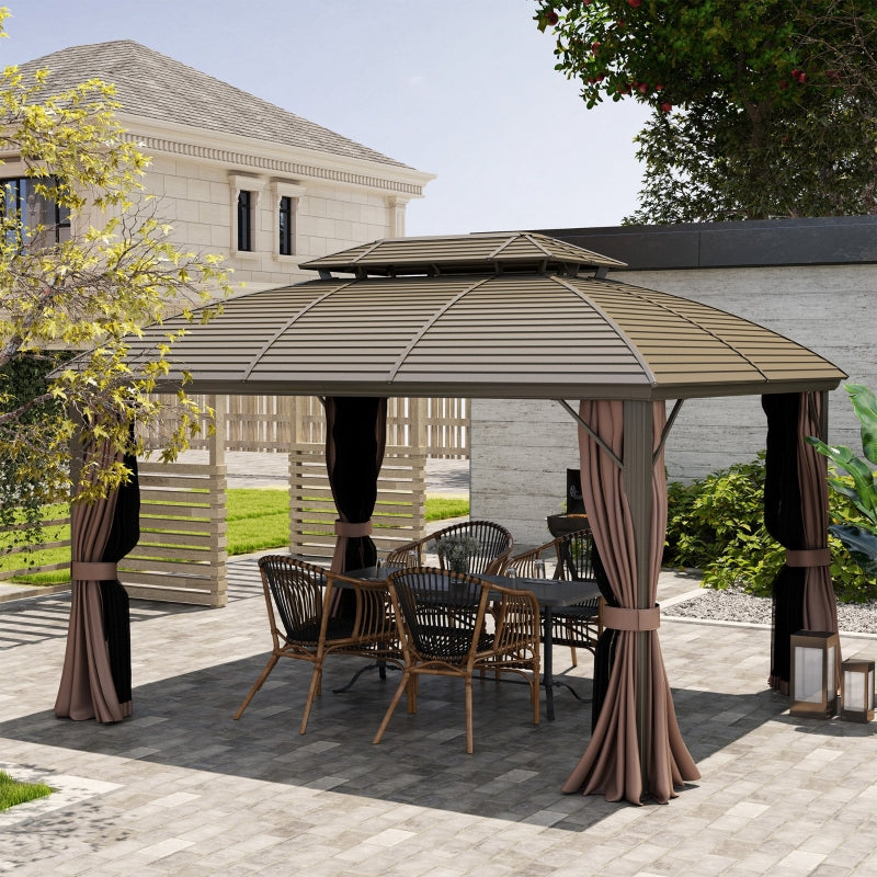 3.65m x 3m Coffee Hardtop Garden Gazebo with Steel Roof, Aluminium Frame, Double – Tier Canopy, Curtains & Mesh Sidewalls – Luxury Outdoor Pavilion...