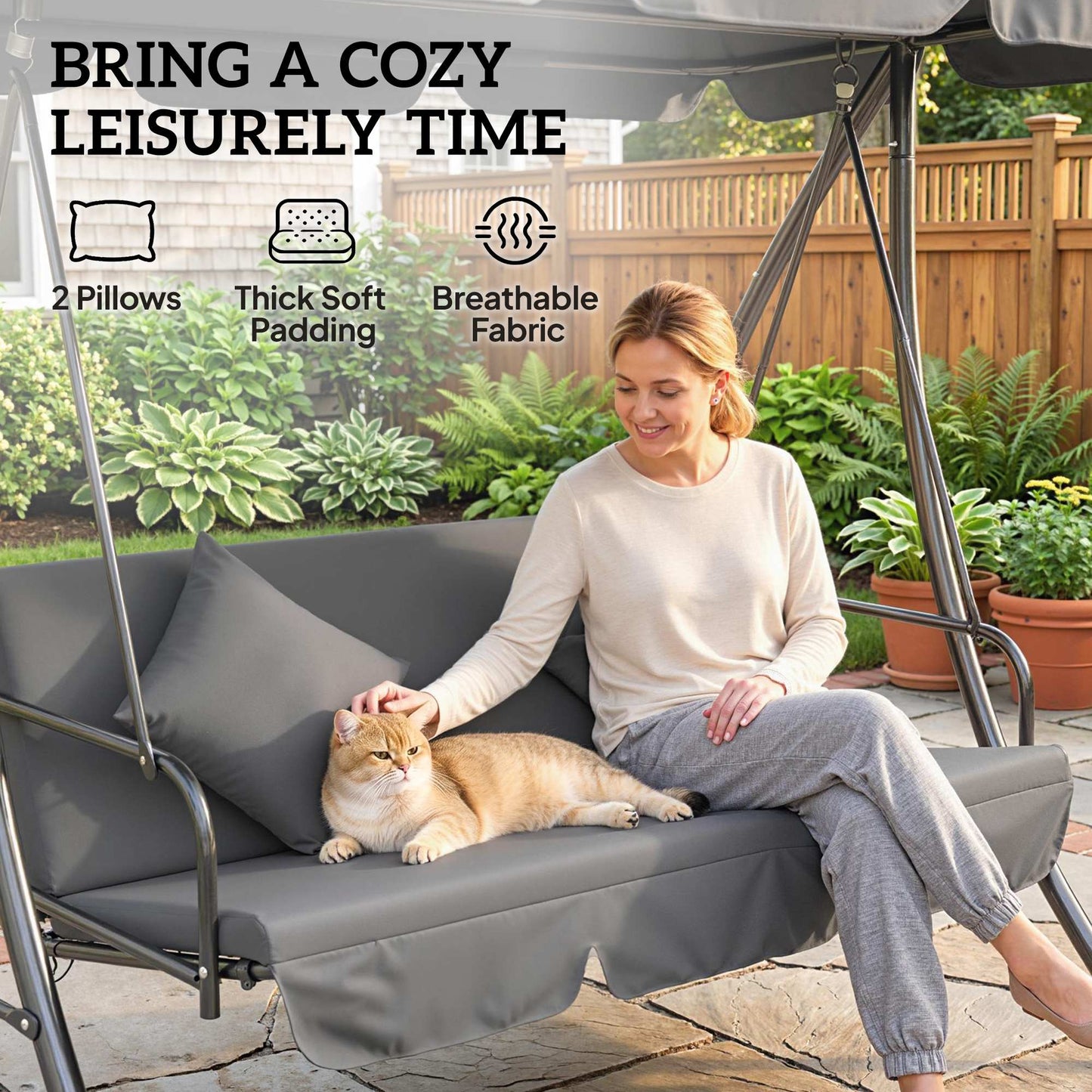 Outsunny Outdoor 2-in-1 Swing Chair Lounger 3 Seater Garden Swing Seat Bed Convertible Tilt Canopy W/ Cushion, Light Grey