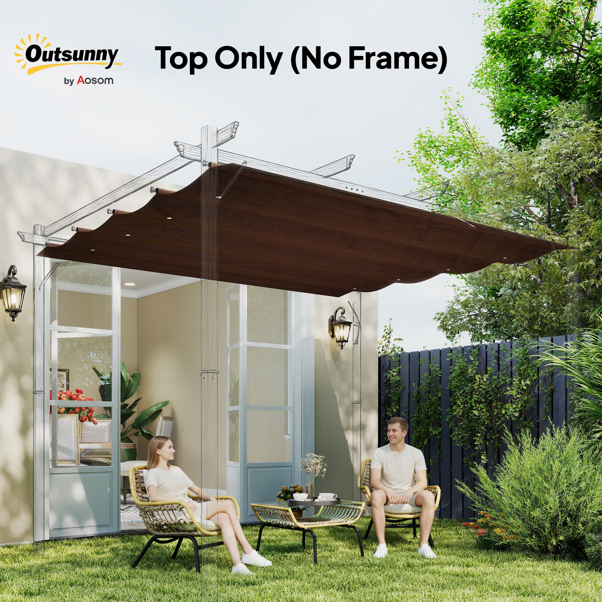 Outsunny Pergola Cover Roof, 2.86 x 2.45 m Retractable Sun Shade Top for 3 x 2m Pergola Frame, UV30+ Protected, Coffee