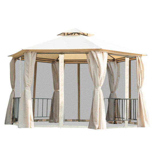 3m x 3m Beige Hexagonal Garden Gazebo with Curtains, Mesh Netting & Double-Tier Canopy