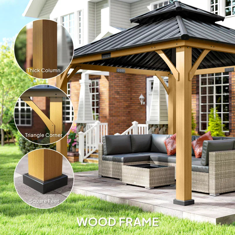 3.5m x 3.5m Wooden Hardtop Gazebo with Two Tier Black Metal Roof – Garden Pavilion Shelter