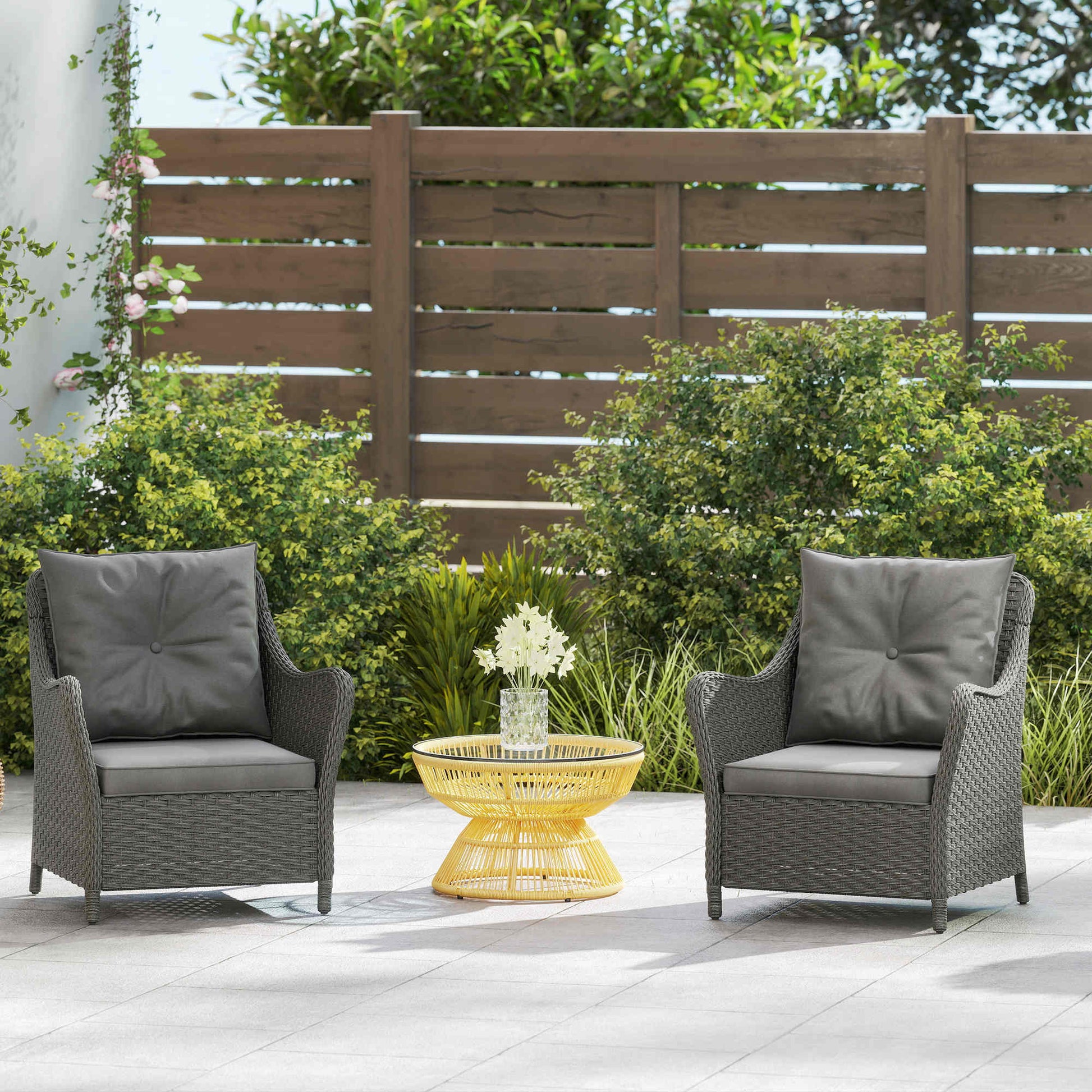 Outsunny Rattan Garden Chairs Set of 2, Outdoor Rattan Chairs with Cushions, Armrests and High Back, PE Wicker Garden Armchair with Steel Frame for Balcony, Porch, Dark Grey