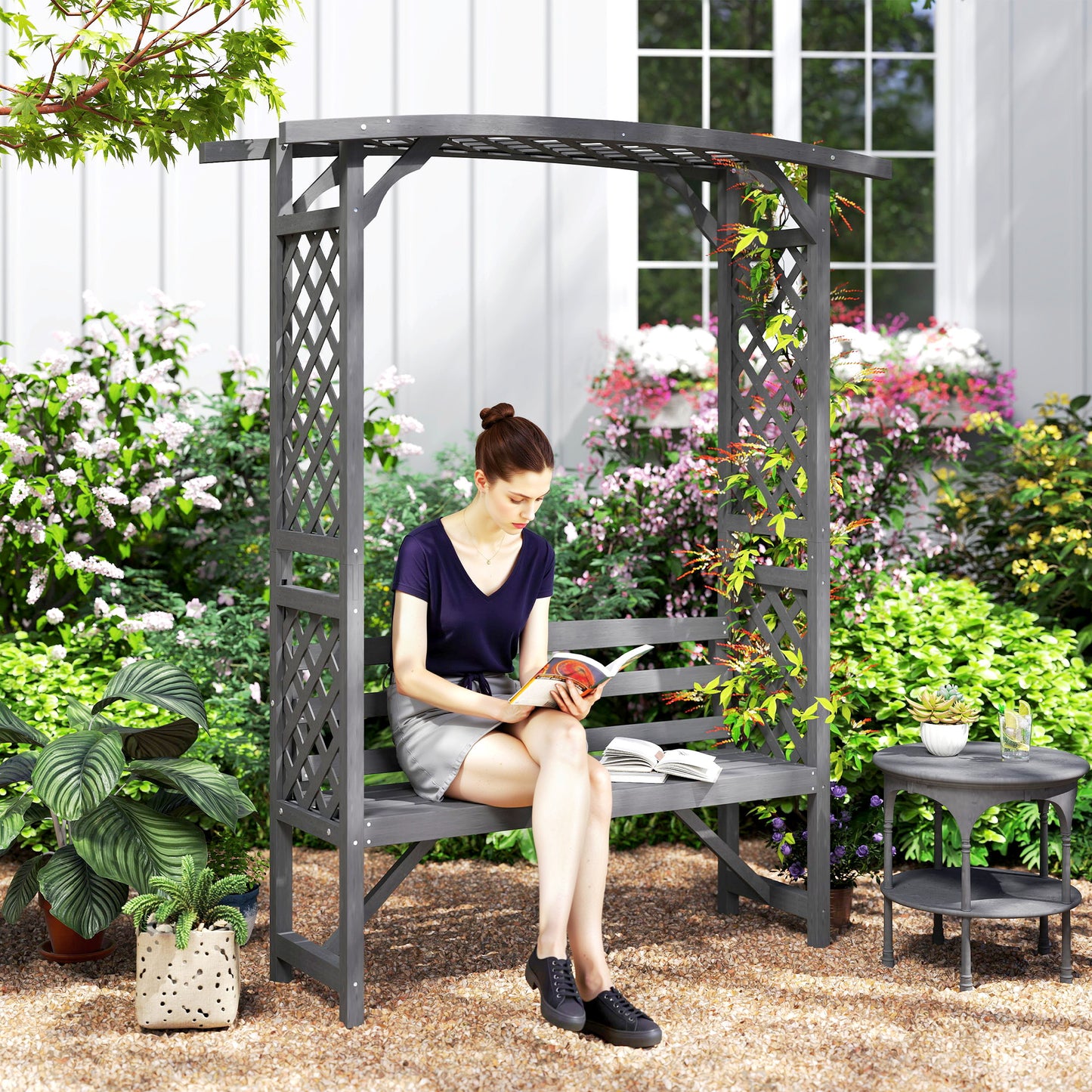 Riviera Garden Bench, Wooden Garden Arbour with Seat for Vines/Climbing Plants, Grey