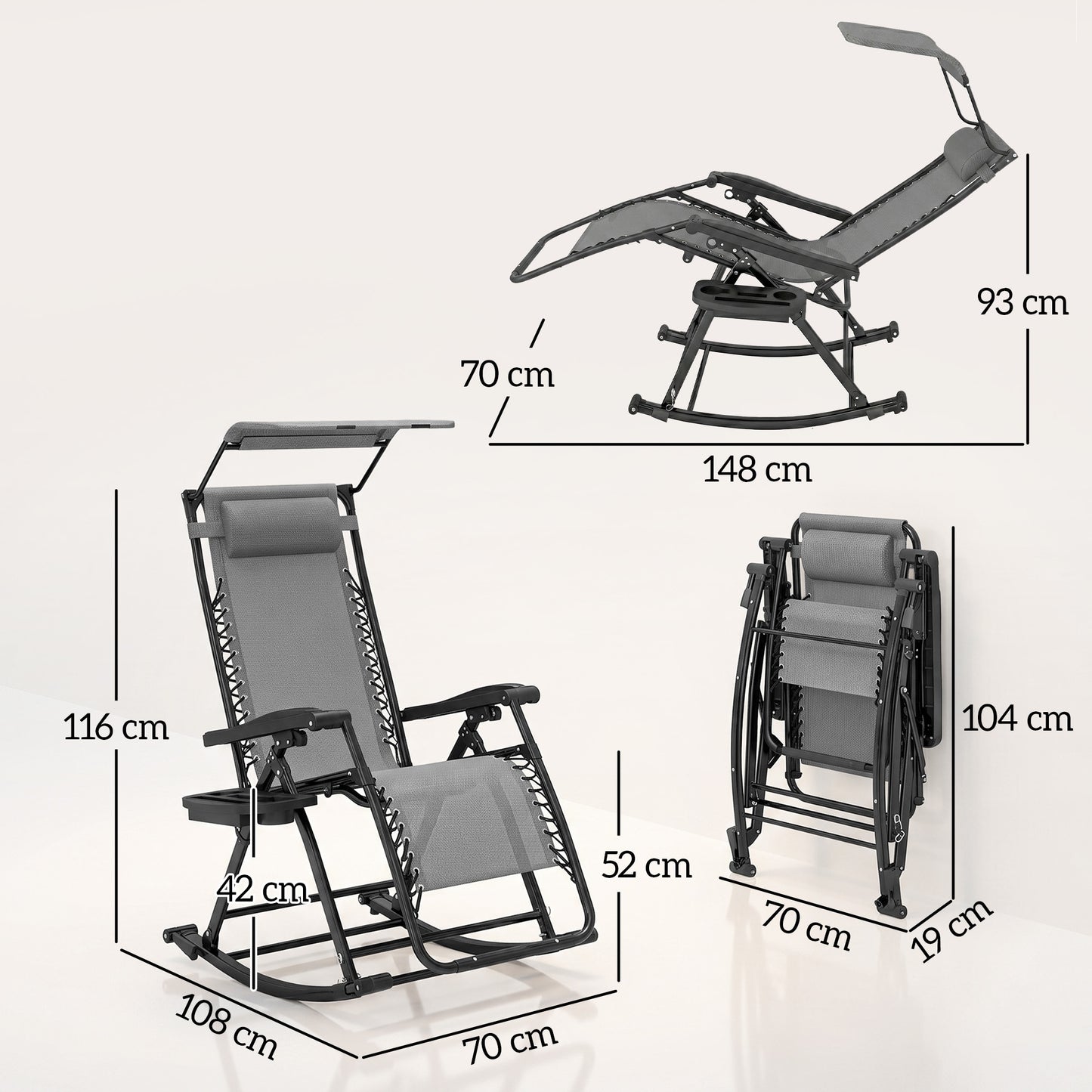 Outsunny Garden Rocking Chair Folding Recliner Outdoor Adjustable Sun Lounger Rocker Zero-Gravity Seat with Headrest Side Holder Patio Deck - Grey