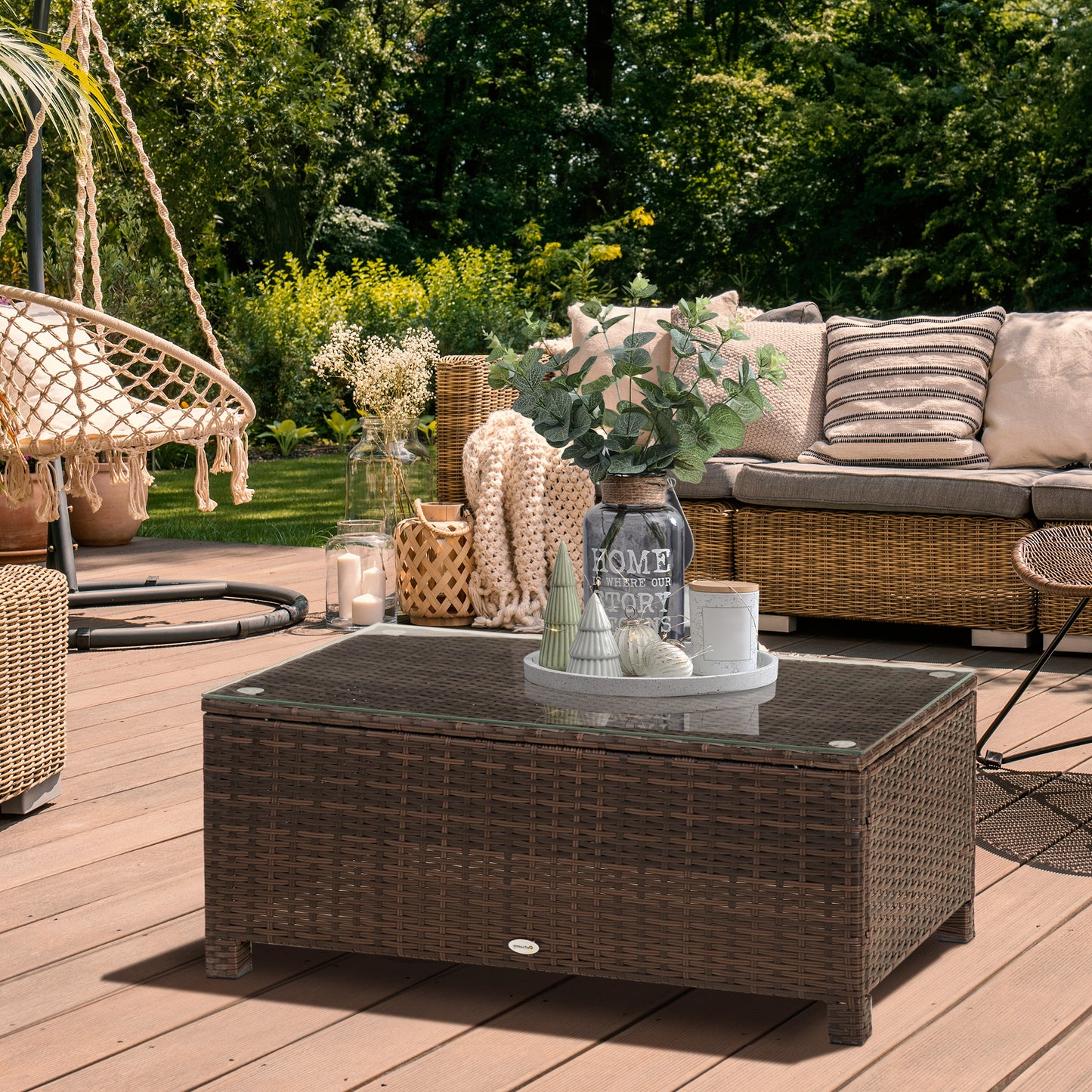 Mediterraneo PE Rattan Garden Coffee Table with Glass Table Top - Brown