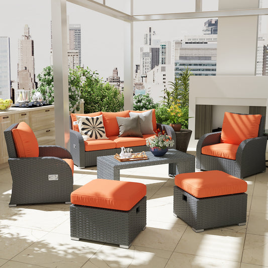 Portofino Six-piece Outdoor Rattan Dining Set, Garden Sofa Set with Reclining Armchairs and Mental Frame, Orange
