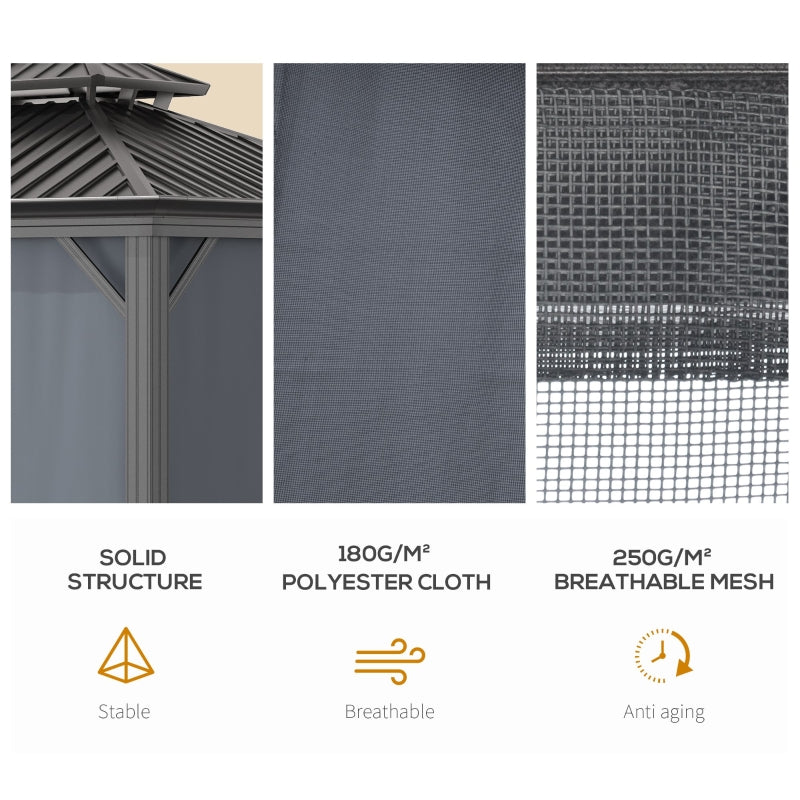 Grey 3.65m x 3m Premium Hardtop Gazebo with Double-Tier Roof, Aluminium Frame, Curtains & Removable Mesh Screens