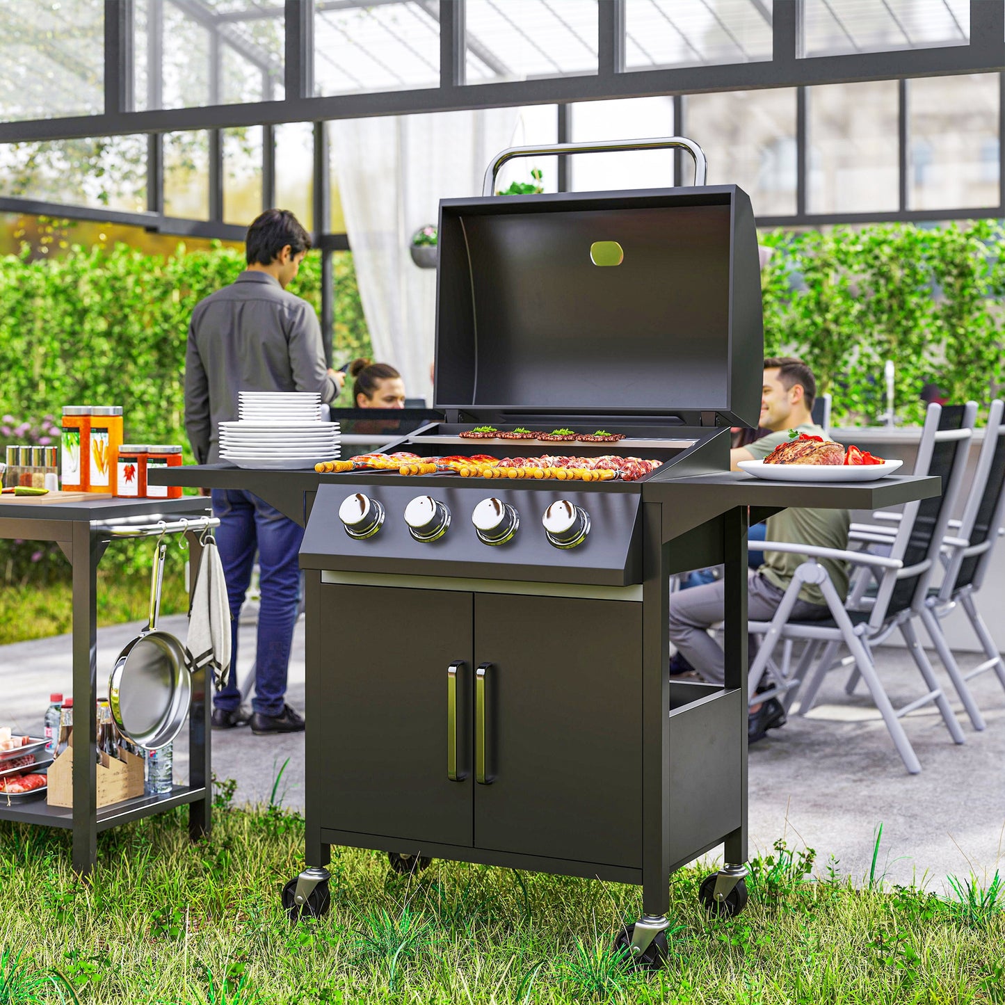4 Burner Gas BBQ Outdoor 11.6 kW Portable Barbecue Trolley w/ Warming Rack, Side Shelves, Cabinet