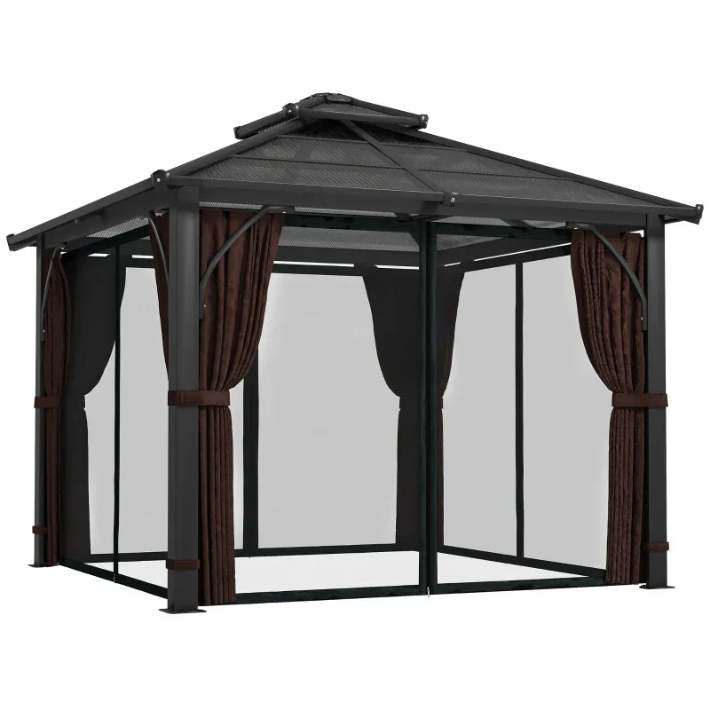 3x3m Brown Permanent Hardtop Gazebo Pavilion – 7mm Polycarbonate Double Roof Garden Shelter with Curtains & Insect Netting