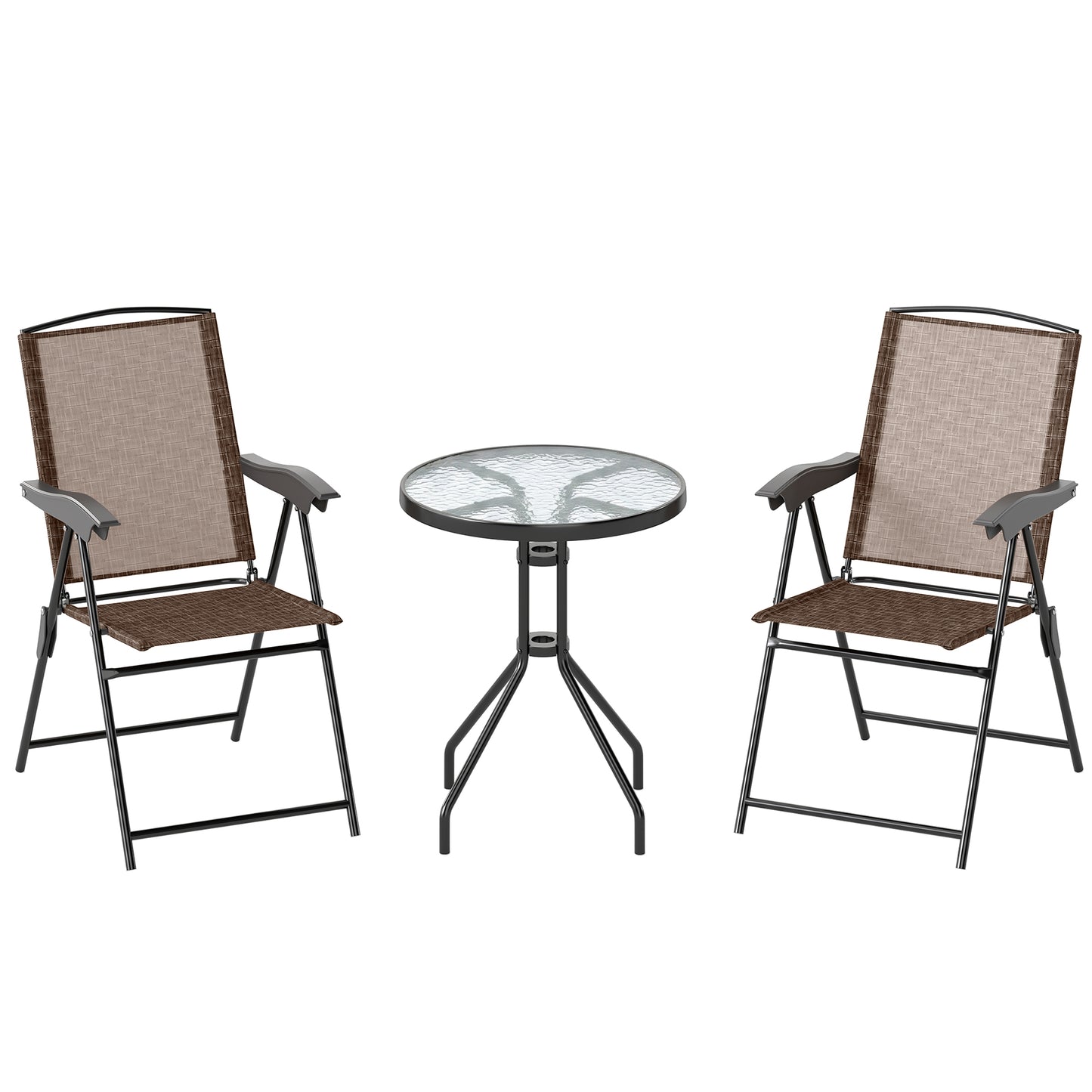 Outsunny 3 Piece Outdoor Bistro Set, Patio Conversation Furniture Set with 2 Folding Backrest Adjustable Armchairs and Glass Top Coffee Table, Brown