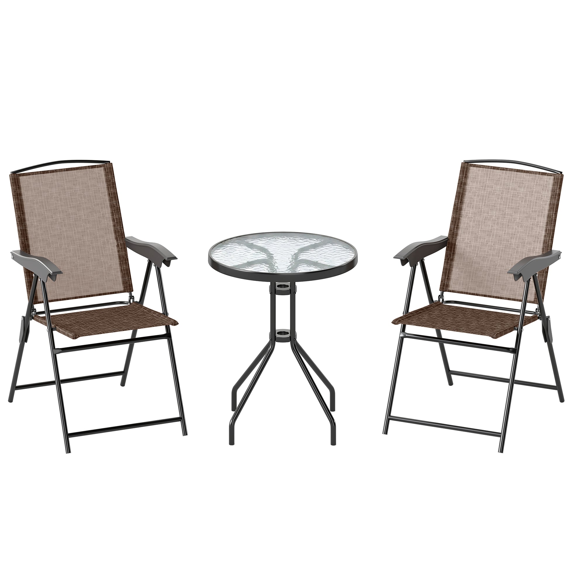Outsunny 3 Piece Outdoor Bistro Set, Patio Conversation Furniture Set with 2 Folding Backrest Adjustable Armchairs and Glass Top Coffee Table, Brown