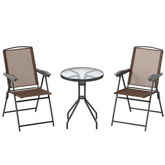 Outsunny 3 Piece Outdoor Bistro Set, Patio Conversation Furniture Set with 2 Folding Backrest Adjustable Armchairs and Glass Top Coffee Table, Brown