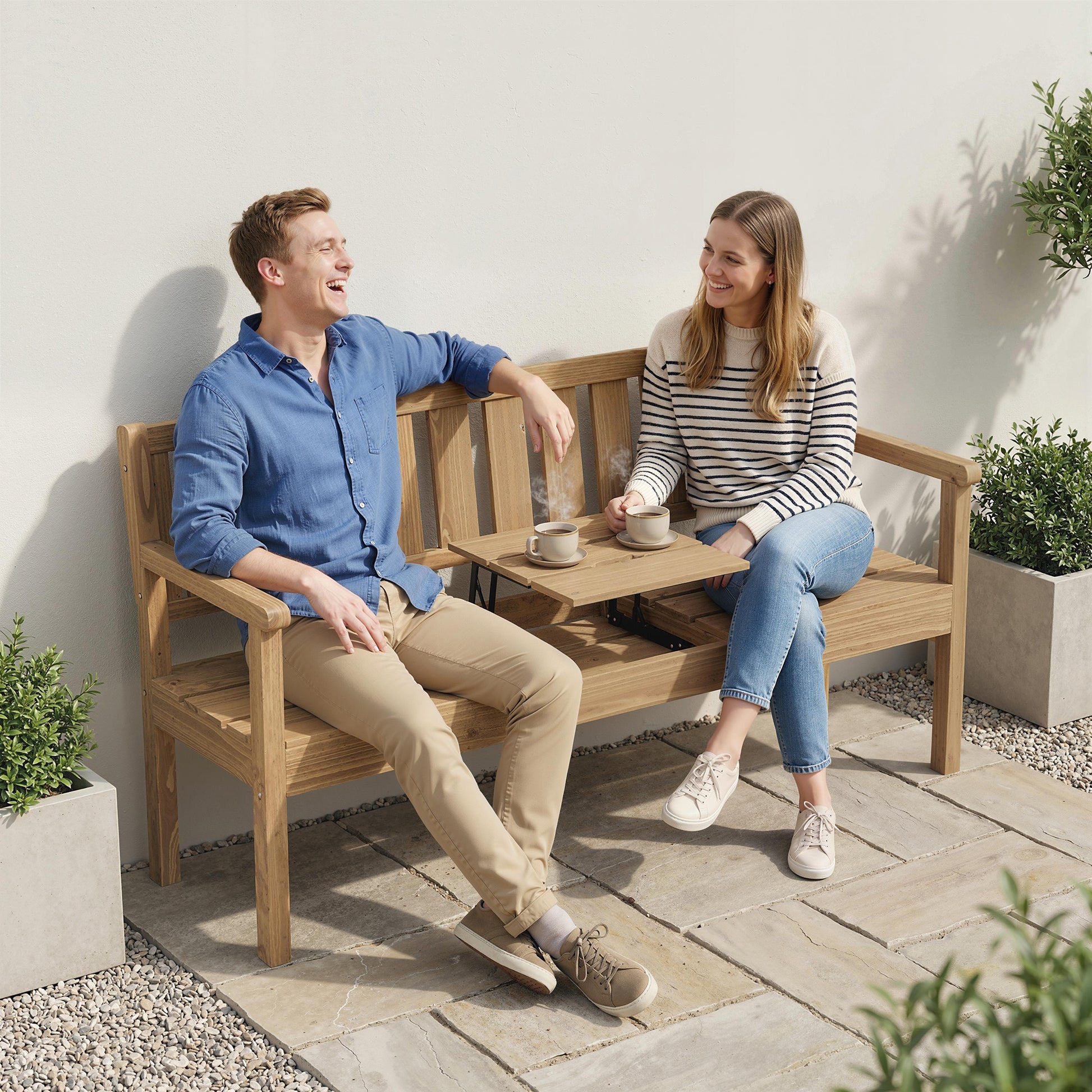 Ibiza Wooden Garden Bench with Liftable Table & Shelf, 2-3-Seater Outdoor Loveseat with Fir Wood Frame, Teak