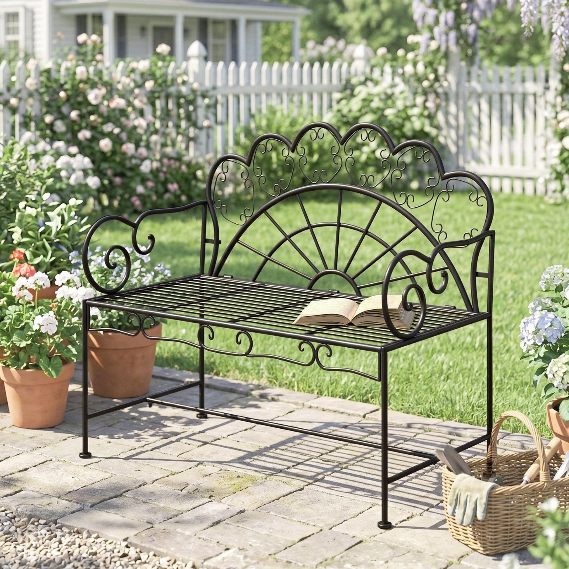 Sorrento Metal Garden Bench Loveseat with Slatted Seat, Black
