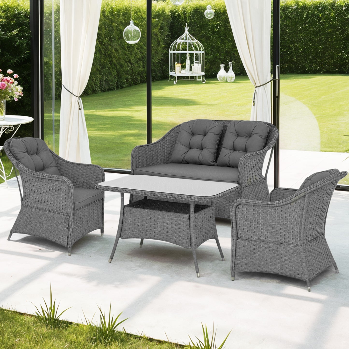 Santorini Four-Piece Rattan Set, with Glass-Top Table - Light Grey