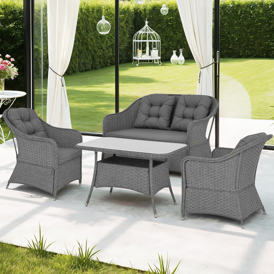 Santorini Four-Piece Rattan Set, with Glass-Top Table - Light Grey
