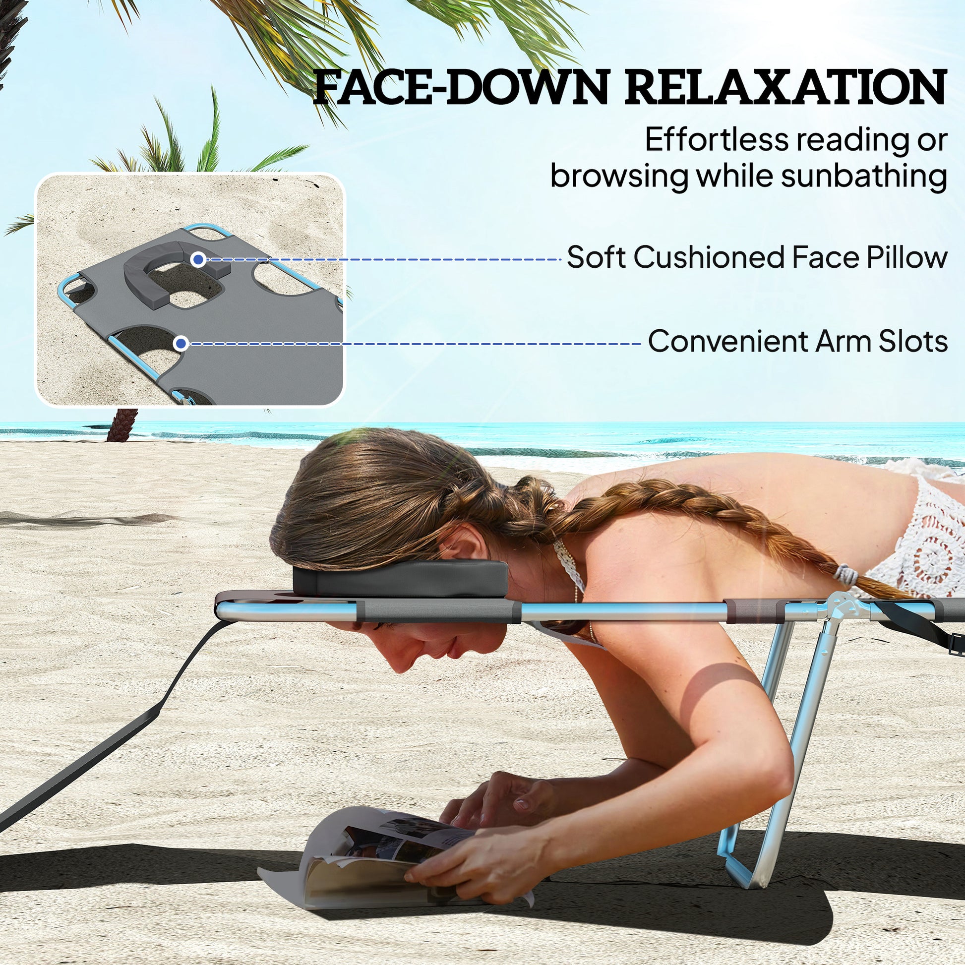 Outsunny 5-Position Adjustable Sun Loungers Set of 2 with Reading Hole and Side Pocket, Dark Grey